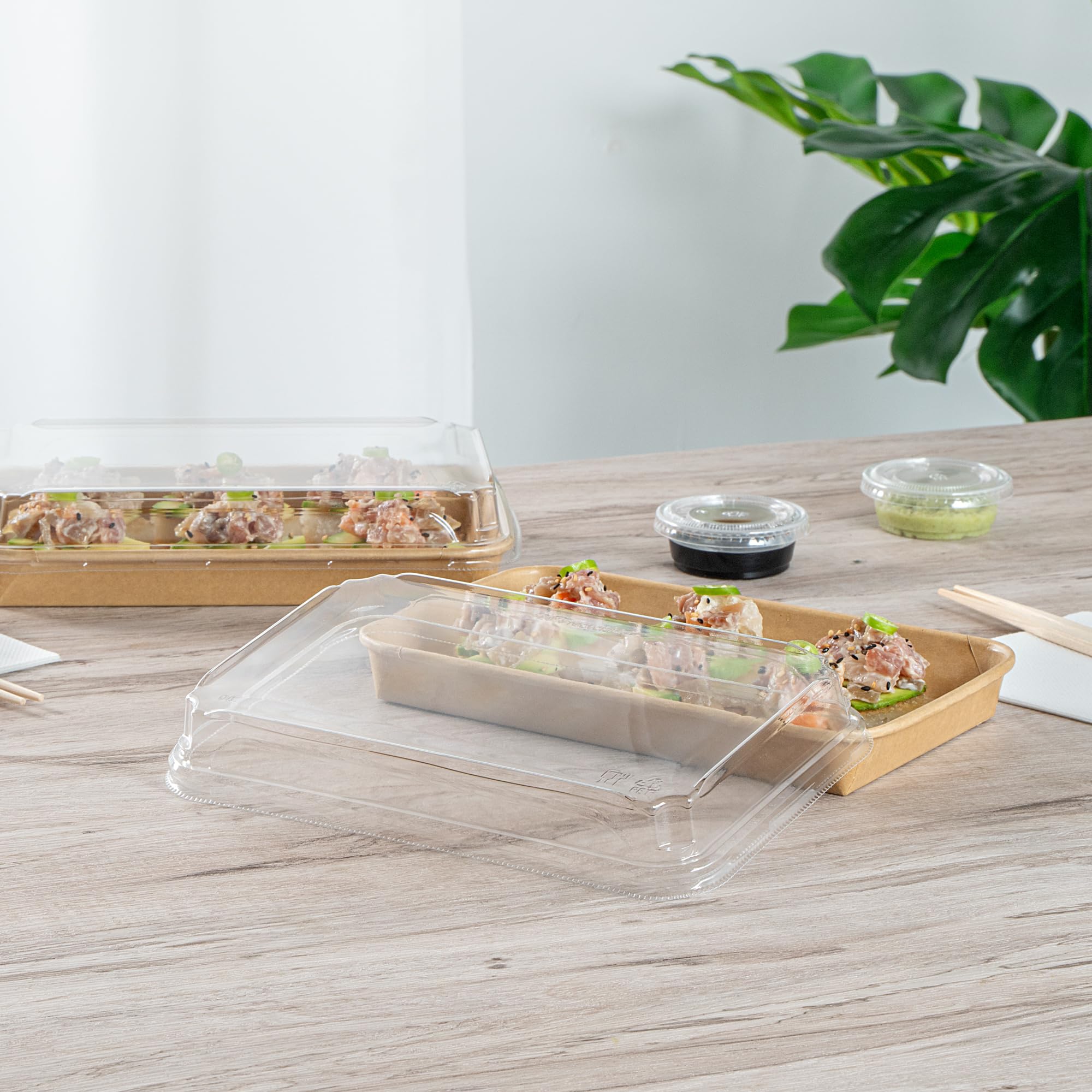 Matsuri Vision 8.8 x 5.5 x 1.2 Inch Clear Plastic Dome Lids for Sushi Containers - 50 Pack Airtight No-Fog Lids (Containers Sold Separately) - Perfect for Sushi Restaurants, Catering & Takeout Boxes