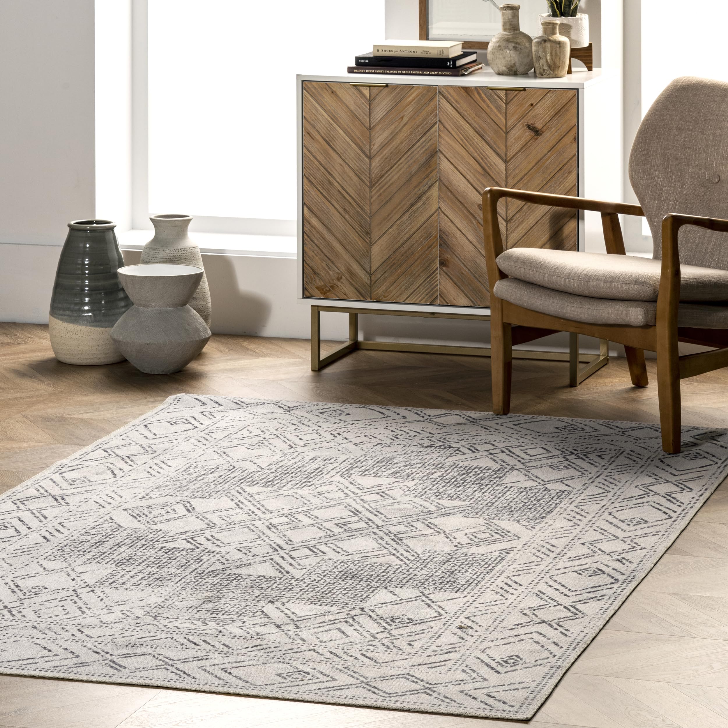 nuLOOM 6' x 9' Washable Area Rug - Stain Resistant, Non-Slip Backing, Low Pile - Perfect for Living Room, Bedroom, Dining Room - Mia Light Grey | Soft & Durable for High Traffic Areas, Pet Friendly Home Decor
