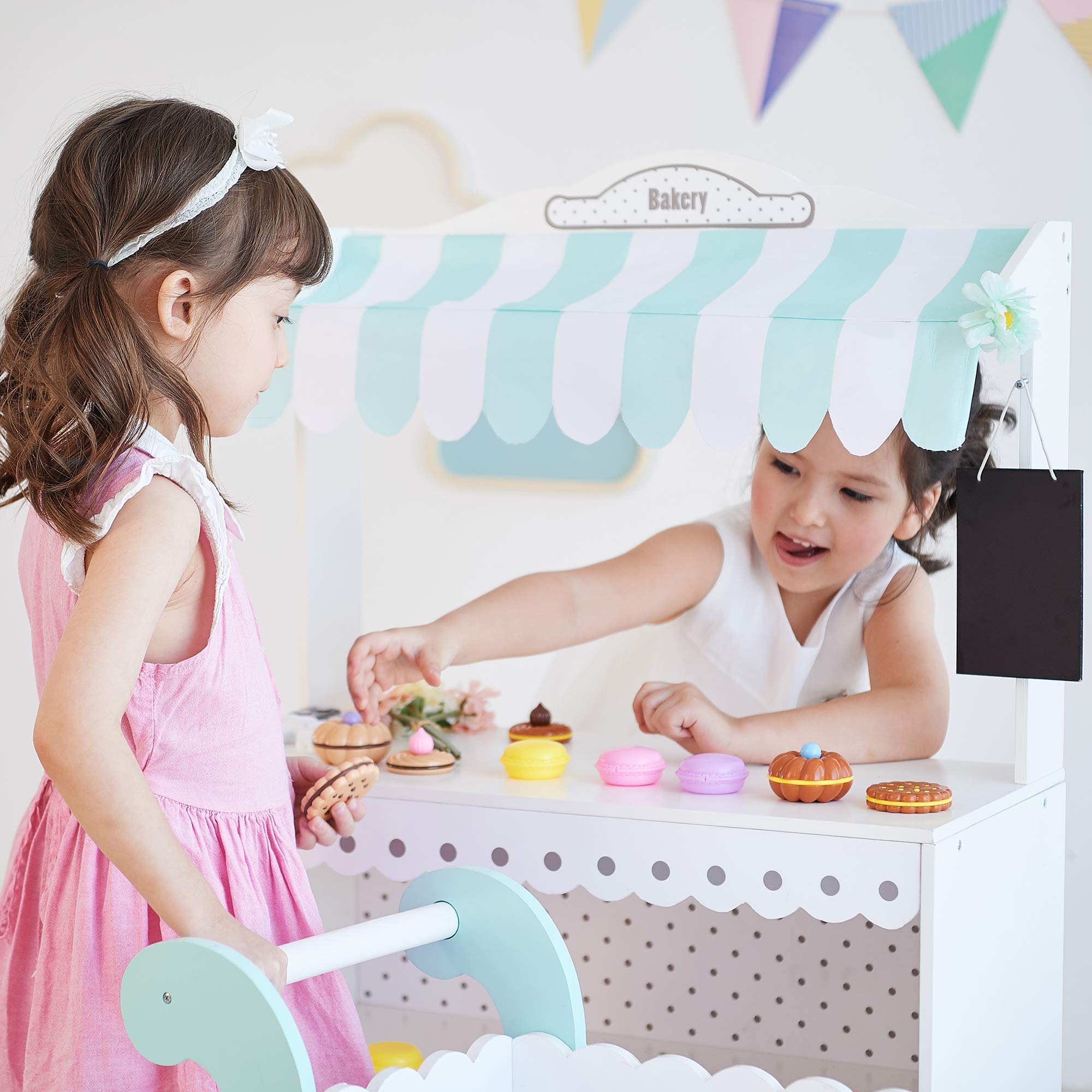 Teamson Kids My Dream Bakery Shop - Interactive Wooden Play Kitchen Set with 18 Pretend Baked Goods, Rolling Pastry Cart & Dessert Stand - White & Mint Green with Gray Polka Dots - Perfect for Pretend Play, Role Playing & Early Childhood Development