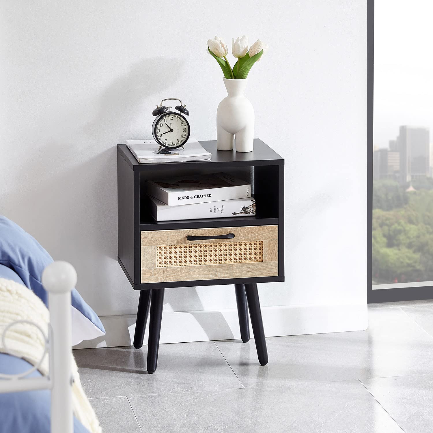 2-Piece Rattan Nightstand Set with Drawer - Boho Bedside Table with Solid Wood Legs & Open Shelf - Modern End Table for Bedroom, Living Room (Black) - Perfect for Small Spaces & Apartment Decor