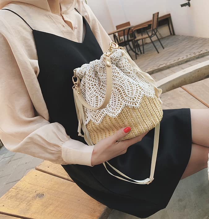 Straw Beach Tote Bag with Flower Lace - Small Shoulder Bag, Crossbody Purse & Handbag for Women | Perfect for Summer Vacation, Pool Party, and Outdoor Activities (2024 Fashion)