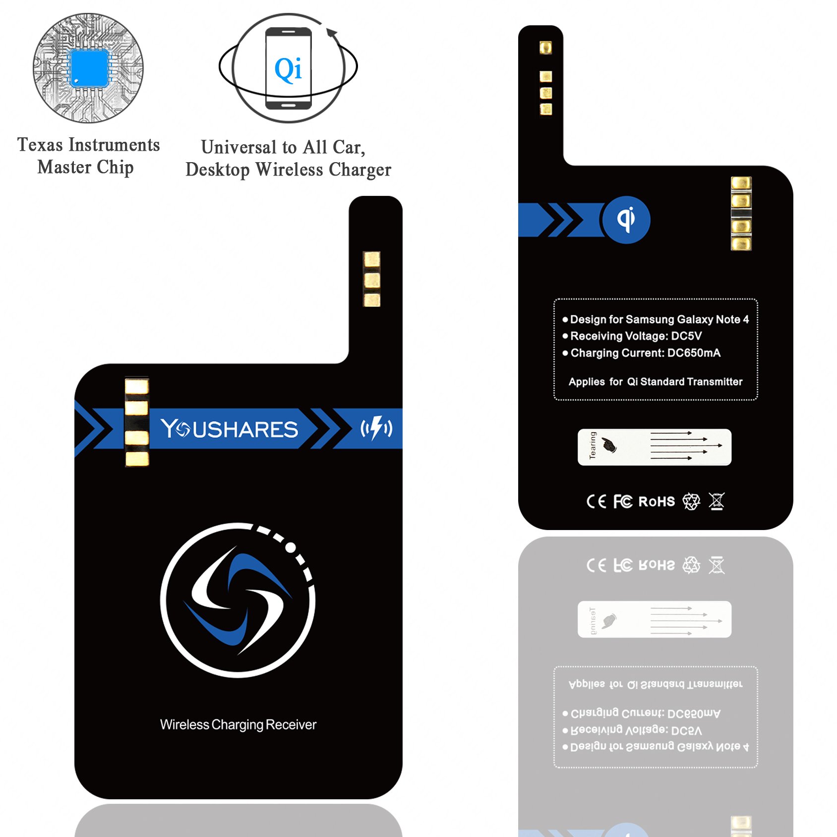 YOUSHARES Qi Wireless Charging Receiver for Samsung Galaxy Note 4 - Built-in Module Card Enables Universal Wireless Charging | Perfect for Home, Office & Travel Use with Any Qi-Compatible Charger