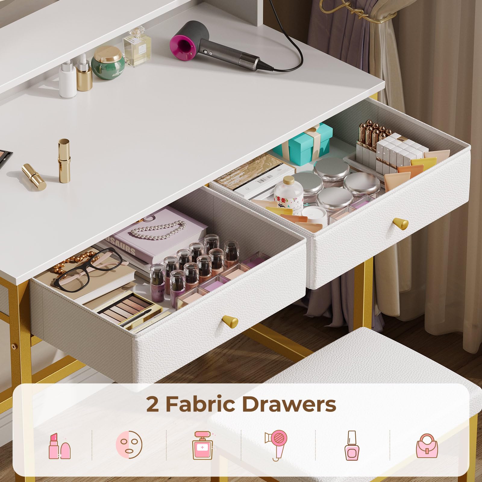 Seventable Vanity Desk Without Mirror - White & Gold Makeup Vanity with Drawers, Charging Station & Storage | Small Space Bedroom Desk, Home Office Computer Table | Perfect for Cosmetics Organization, Work from Home & Apartment Living