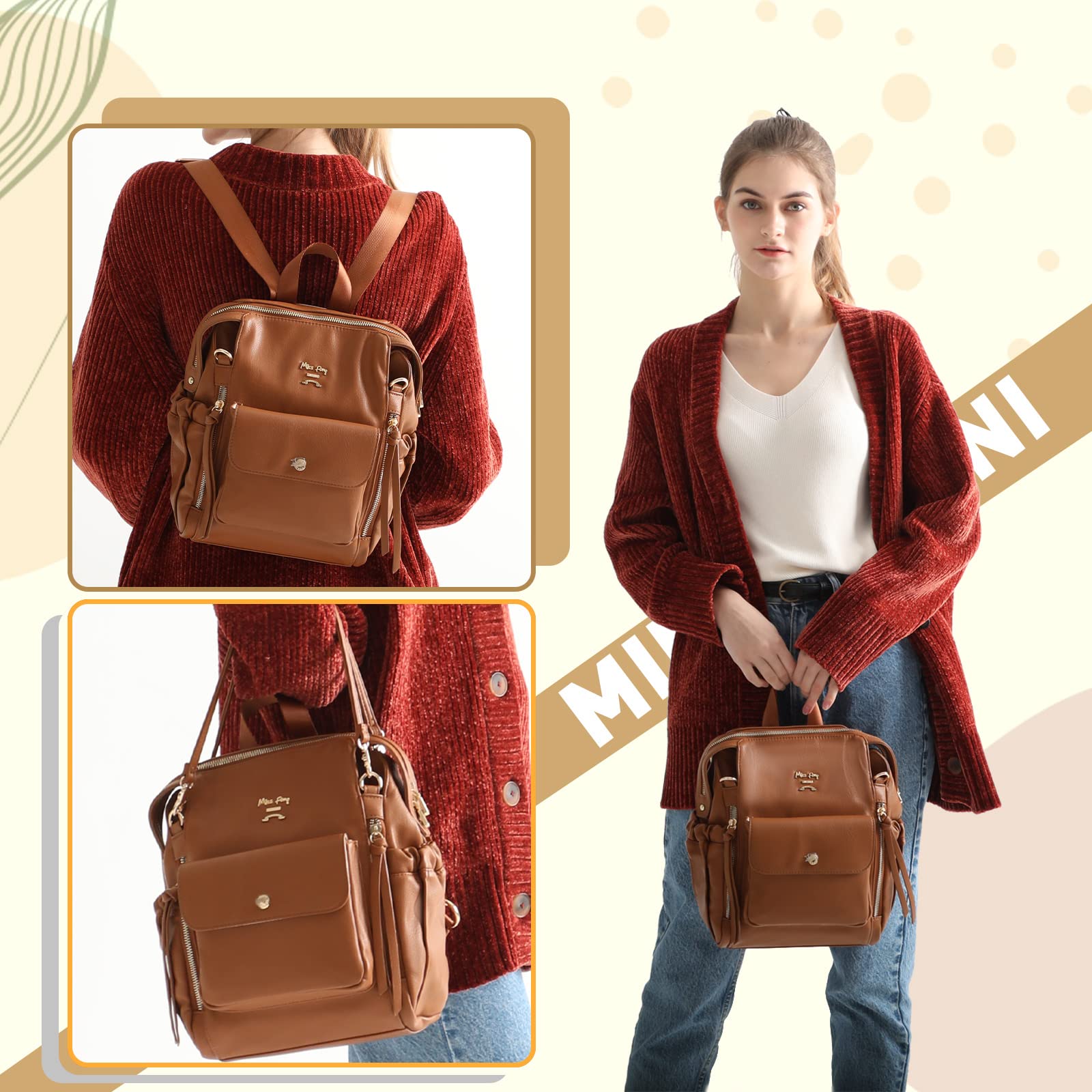 Miss Fong Genuine Leather Mini Diaper Bag Backpack - Compact Baby Carrier Purse with Pacifier Holder & Insulated Bottle Pocket - Perfect for New Moms, Travel & On-the-Go Parenting