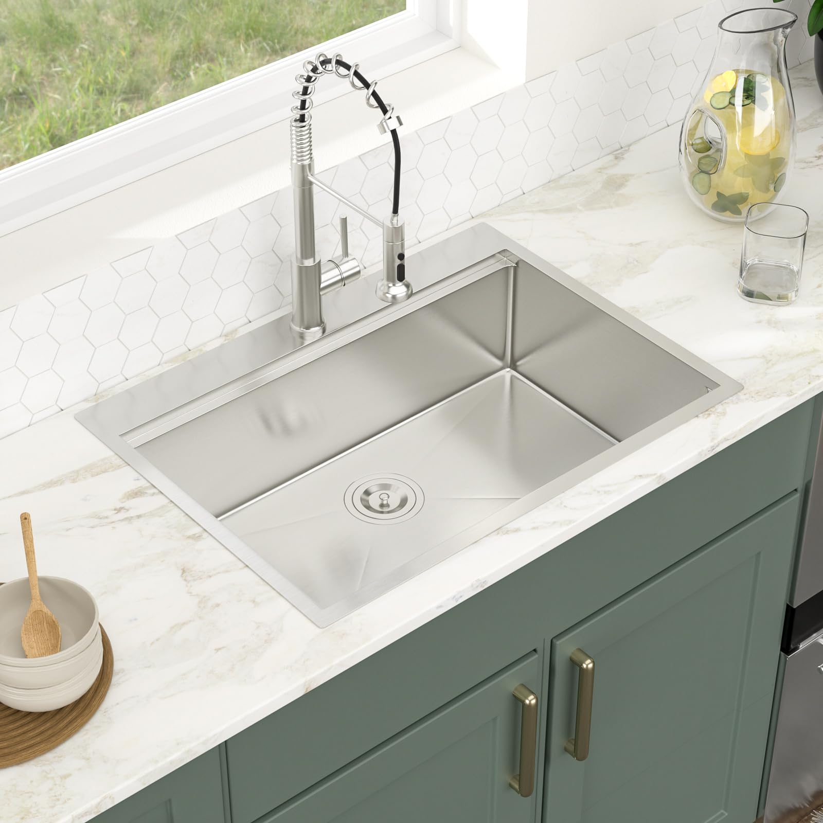 Logmey 28x22 Inch Stainless Steel Drop-In Kitchen Sink - 16 Gauge Single Bowl Topmount Sink with Ledge Workstation | Durable Overmount Sink for Food Prep, Dishwashing & Modern Kitchens (22x28x9 Inches)