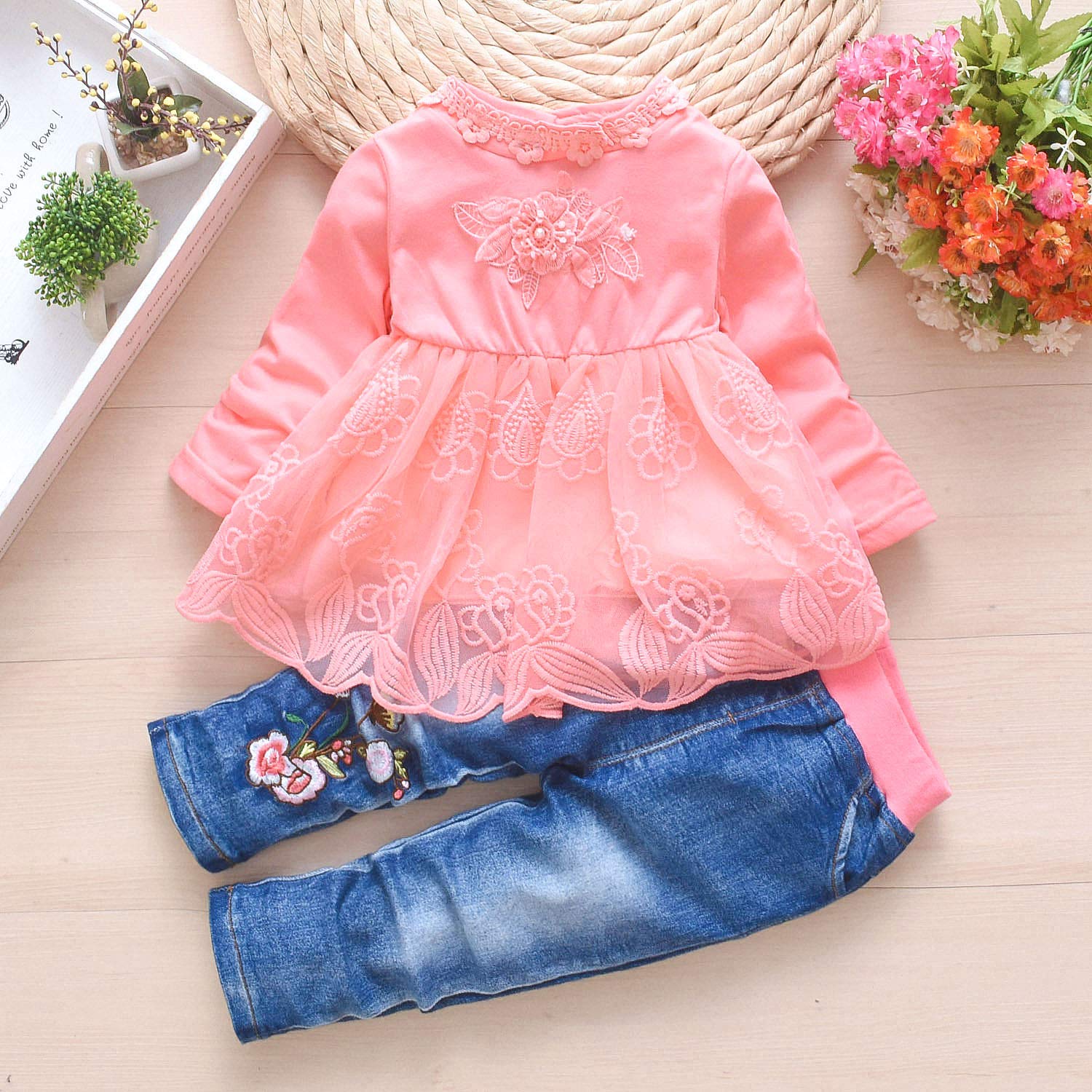 Peacolate 3-Piece Baby Girls Outfit Set - Long Sleeve T-Shirt, Denim Jacket & Jeans for Spring & Autumn | Cute Toddler Clothes for Playdates, Daycare & Family Photos