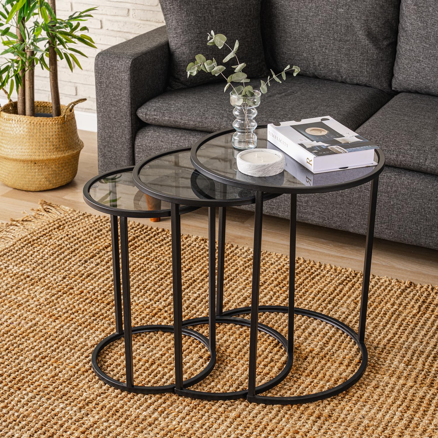 Alya 3-Piece Nesting Coffee Table Set - Round Glass End Tables with Black Metal Frame for Living Room - Stylish & Functional Home Decor for Small Spaces, Apartments, and Modern Interiors