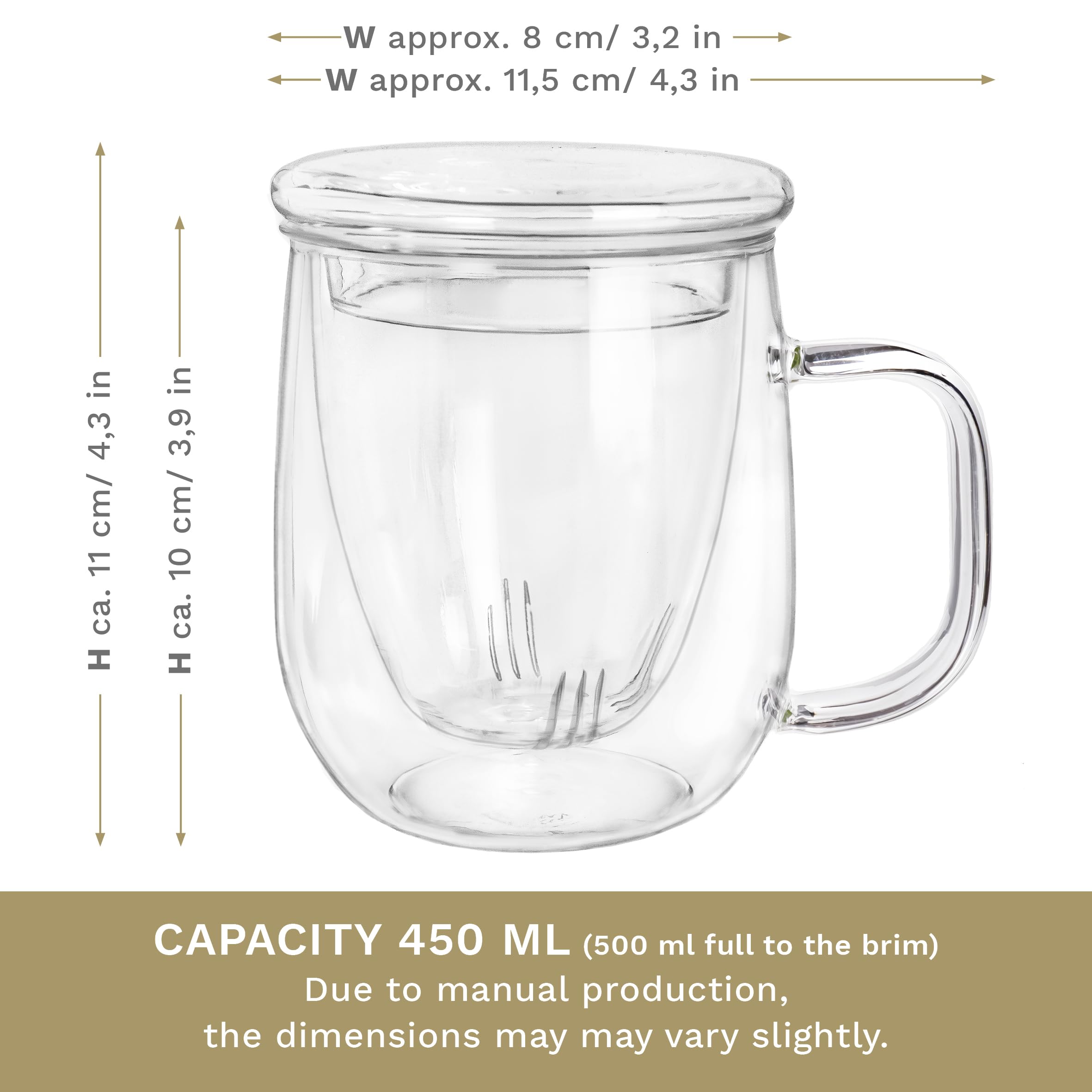 Creano 450ml Glass Tea Cup with Strainer & Lid - Premium Loose Leaf Tea Maker for Home & Office - Perfect for Green Tea, Herbal Tea & Iced Tea Brewing