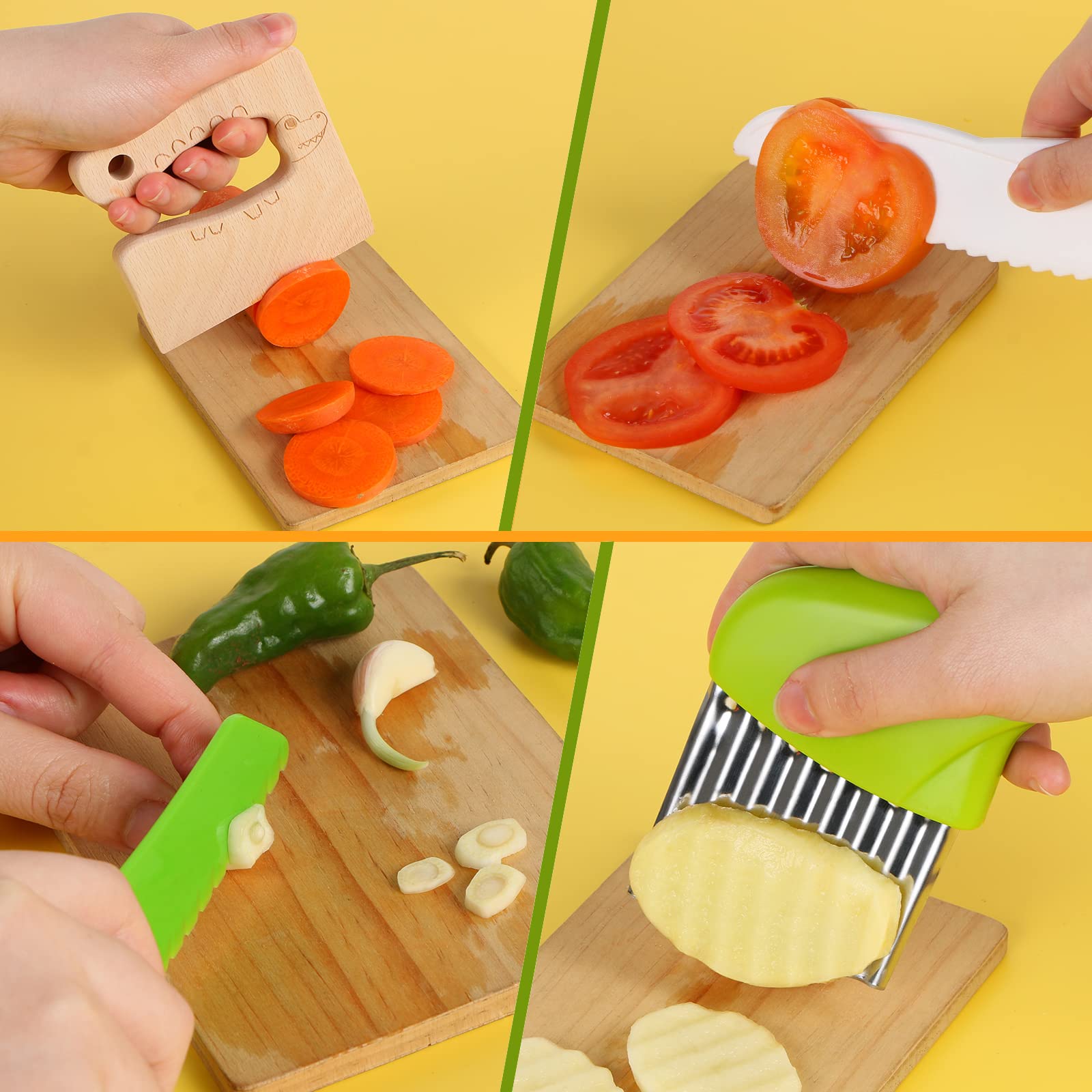 11PCS Kids Knife Set - Safe Toddler Cooking Knives with Serrated Edges & Cutting Board - Real Kitchen Tools for Children - Perfect for Slicing Fruits, Vegetables and Cooking Activities