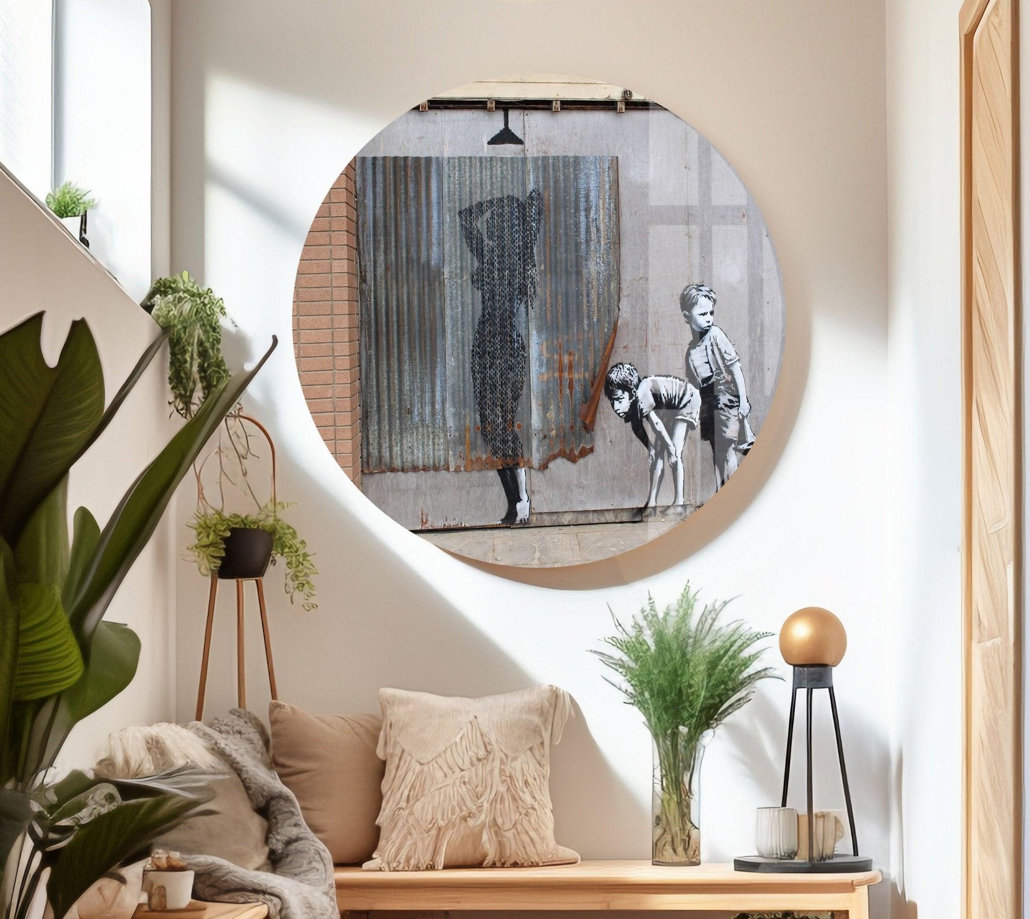 Banksy Shower Peeping Boys Framed Glass Wall Art - Modern Home Decor for Living Room, Bedroom & Office