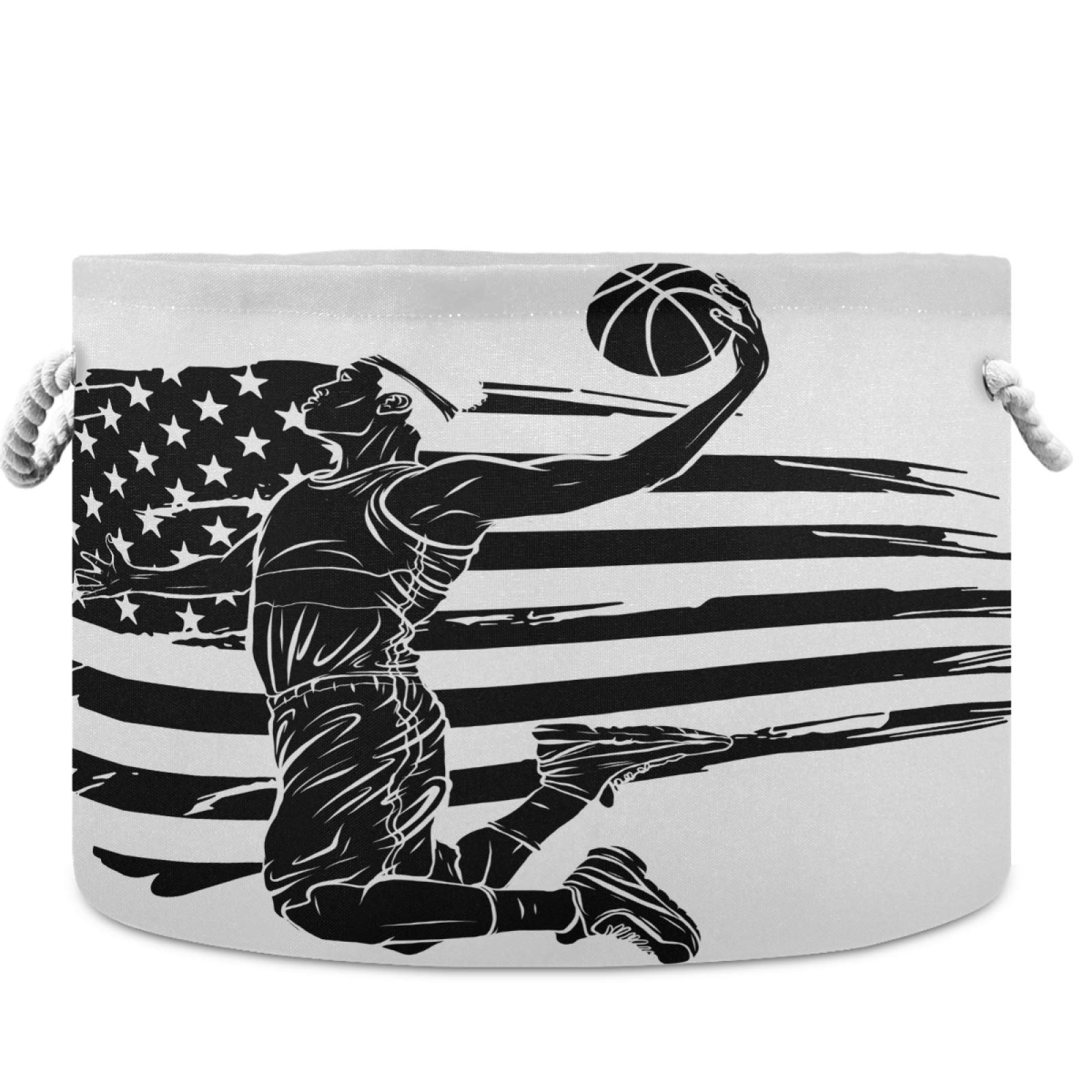 Visesunny Collapsible Fabric Storage Basket - American Flag Basketball Design Laundry Bin for Clothes, Toys & Organizing | Perfect for Bathroom, Bedroom, Nursery, Closet & Office | Multi-Purpose Storage Solution for Home & Sports Fans