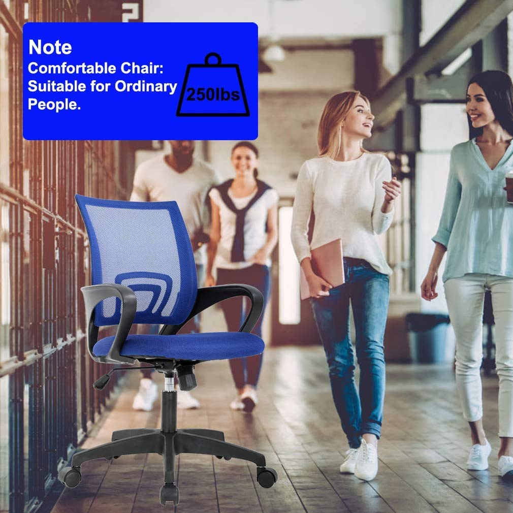 Ergonomic Office Chair with Lumbar Support - Mesh Computer Desk Chair, Mid Back Swivel Task Chair with Adjustable Armrests for Home & Office Use - Comfortable Blue Work Chair for Long Hours Sitting