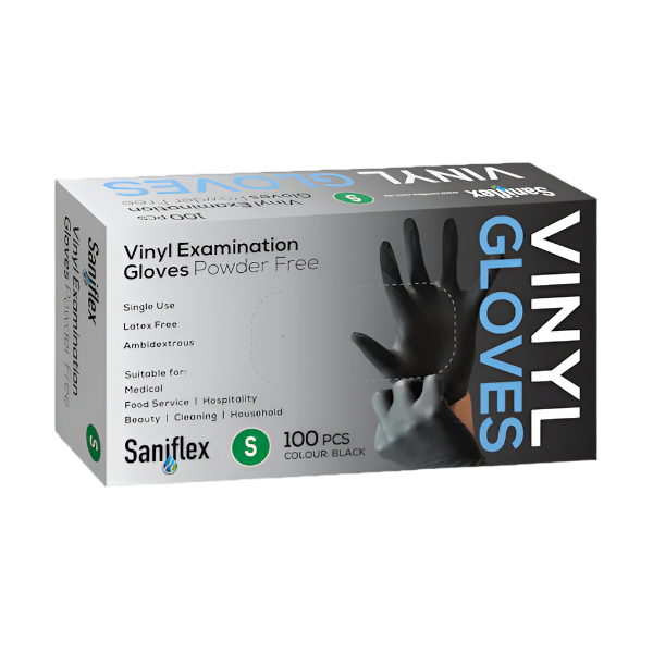 Saniflex Powder-Free Black Vinyl Gloves - Disposable, Latex-Free, Durable for Cleaning, Food Handling & Medical Use