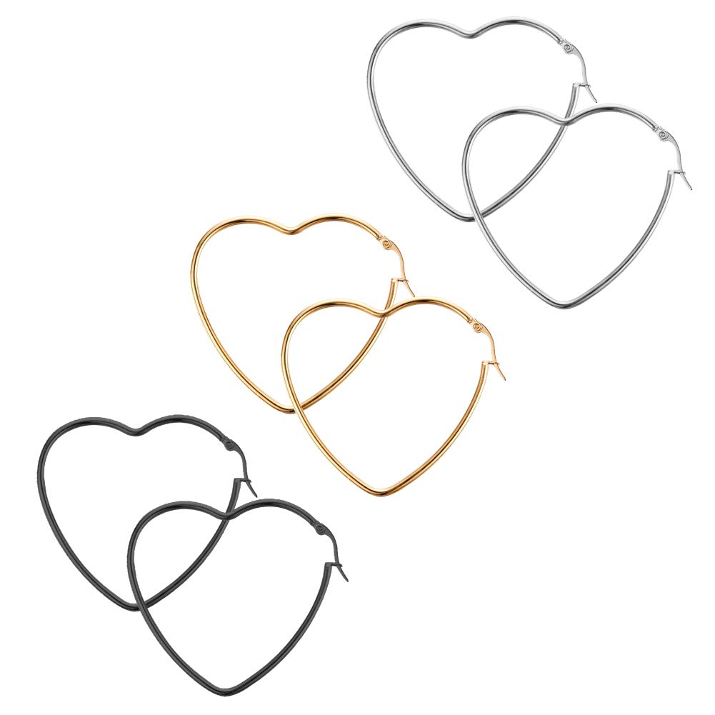 3 Pairs Geometric Hoop Earrings for Women - Hypoallergenic Stainless Steel Earrings Set in Gold, Silver, Black & Rose Gold - Perfect for Parties, Weddings & Everyday Wear