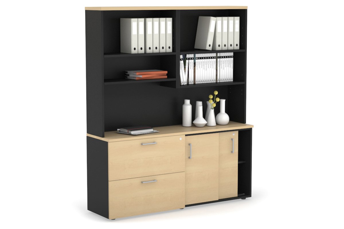2-Door Sliding Credenza with 2 Drawers & Open Hutch - Modern Office Storage Cabinet for Files, Supplies & Decor - Perfect for Home Office, Conference Rooms & Workspaces