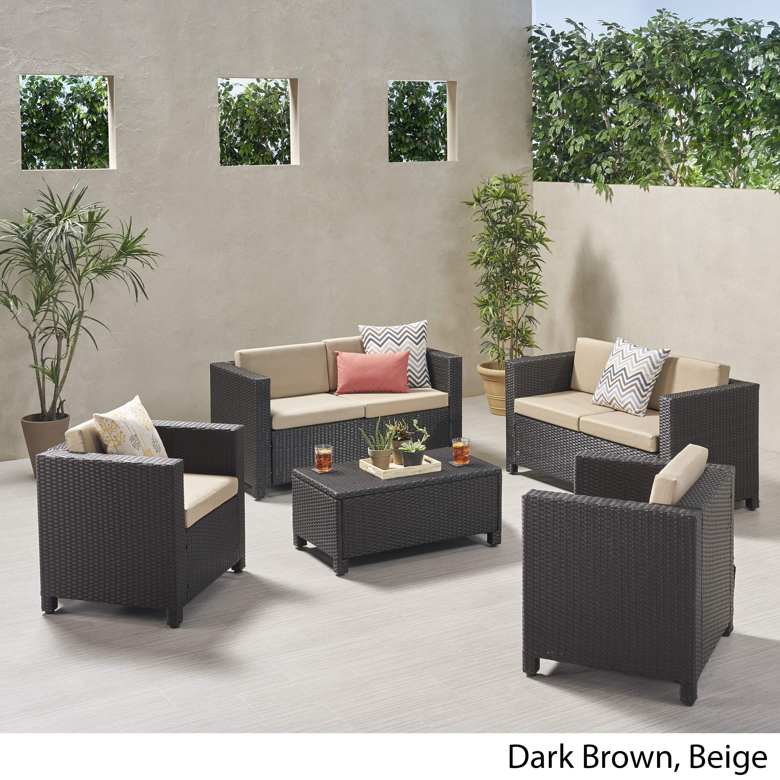 Premium 6-Piece Outdoor Patio Furniture Set with Cushions - Dark Brown & Beige Loveseat Chat Set for Garden, Backyard, Poolside or Deck (Weather-Resistant)