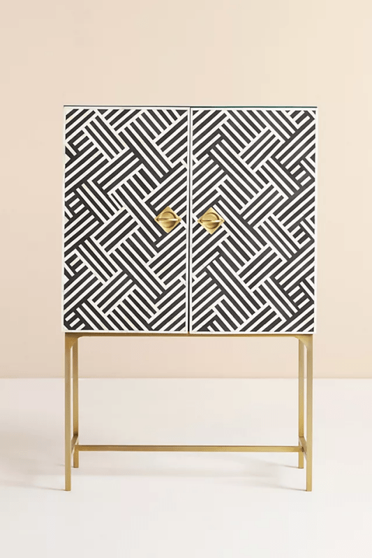 Handmade Optical Bone Inlay Bar Cabinet - Vintage Style Wooden Liquor Storage with Glass Shelves - Perfect for Home Bar, Dining Room & Entertaining Guests