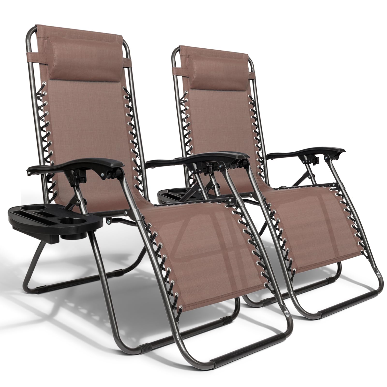 Bonnlo Zero Gravity Chairs Set of 2 - Adjustable Folding Lounge Chairs for Outdoor Relaxation with Pillow & Cup Holder - Perfect for Patio, Deck, Beach, Yard, Poolside & Camping (Brown)