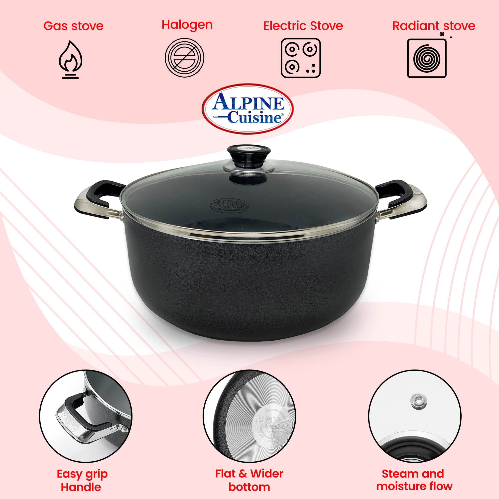 Alpine Cuisine 18 Quart Non-Stick Aluminum Dutch Oven with Tempered Glass Lid - Multi-Purpose Stock Pot for Braising, Boiling, Stewing - Perfect for Soups, Stews & Large Family Meals