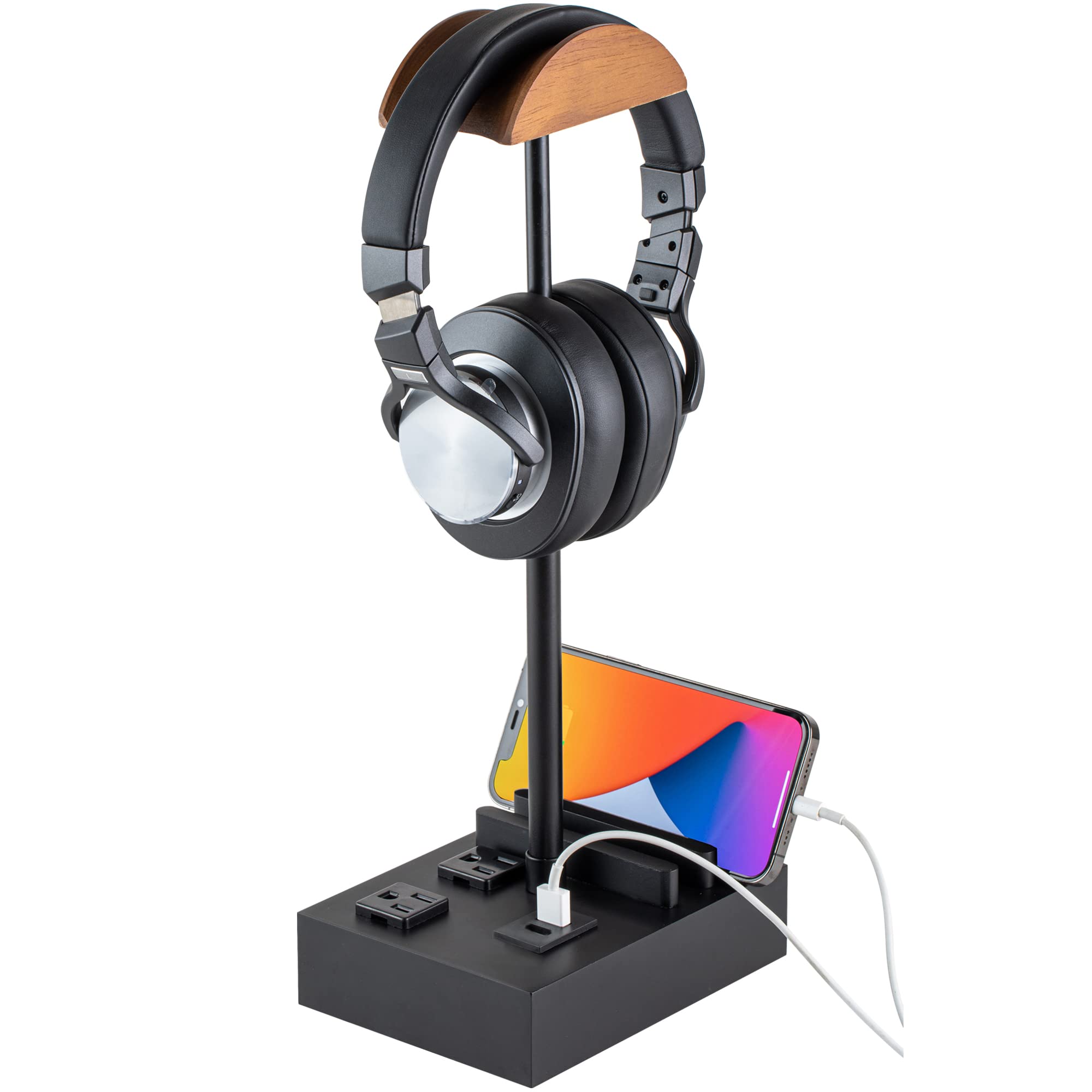 CASTLELIFE Adjustable Wood Headphone Stand with USB Ports & AC Outlets - Perfect for Gaming Setup & Desktop Charging Station