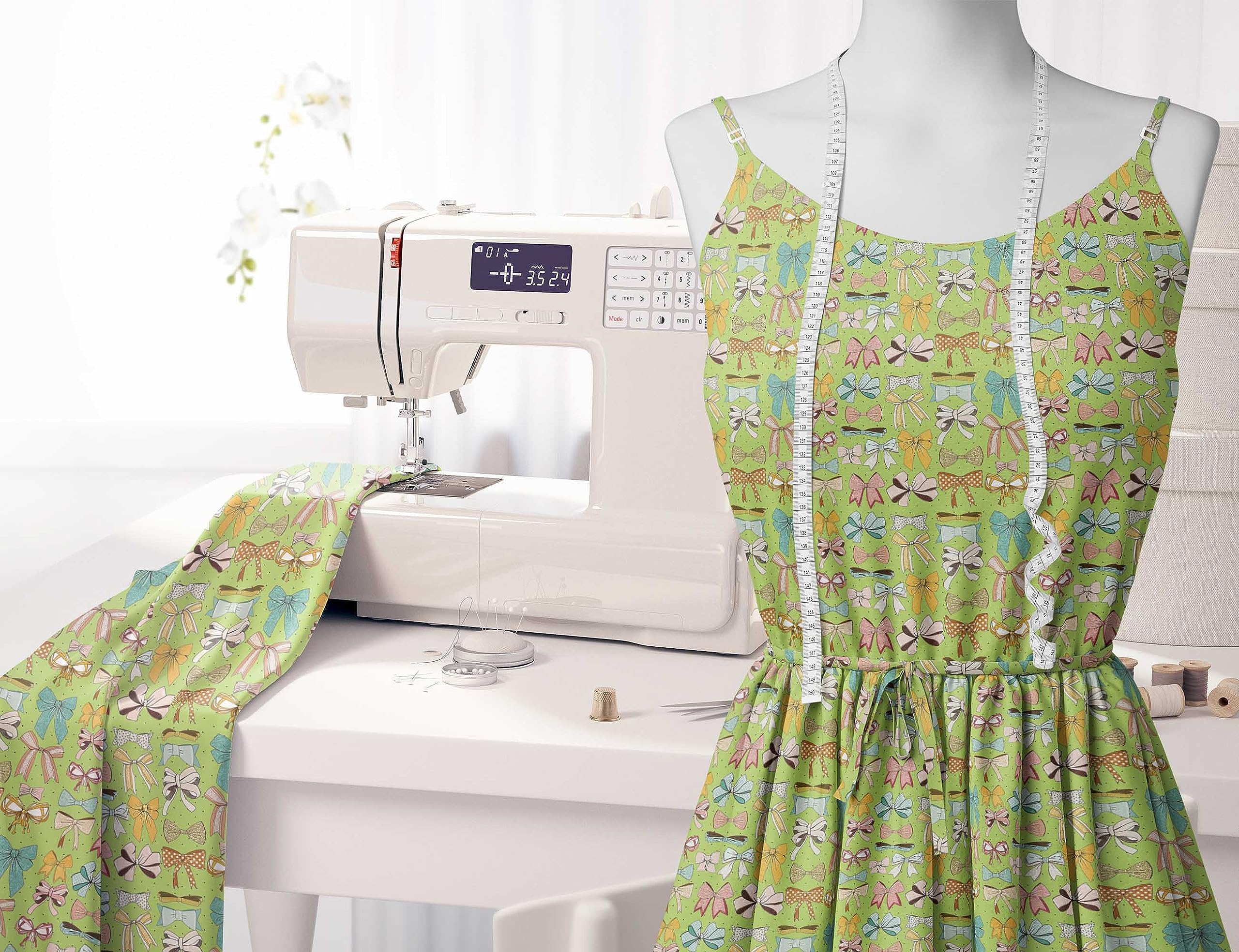Soimoi Moss Georgette Green Fabric by The Yard - 42 Inch Wide Printed Cotton Material with Multi Bow & Dots Pattern for Dresses, Curtains, DIY Crafts & Home Decor
