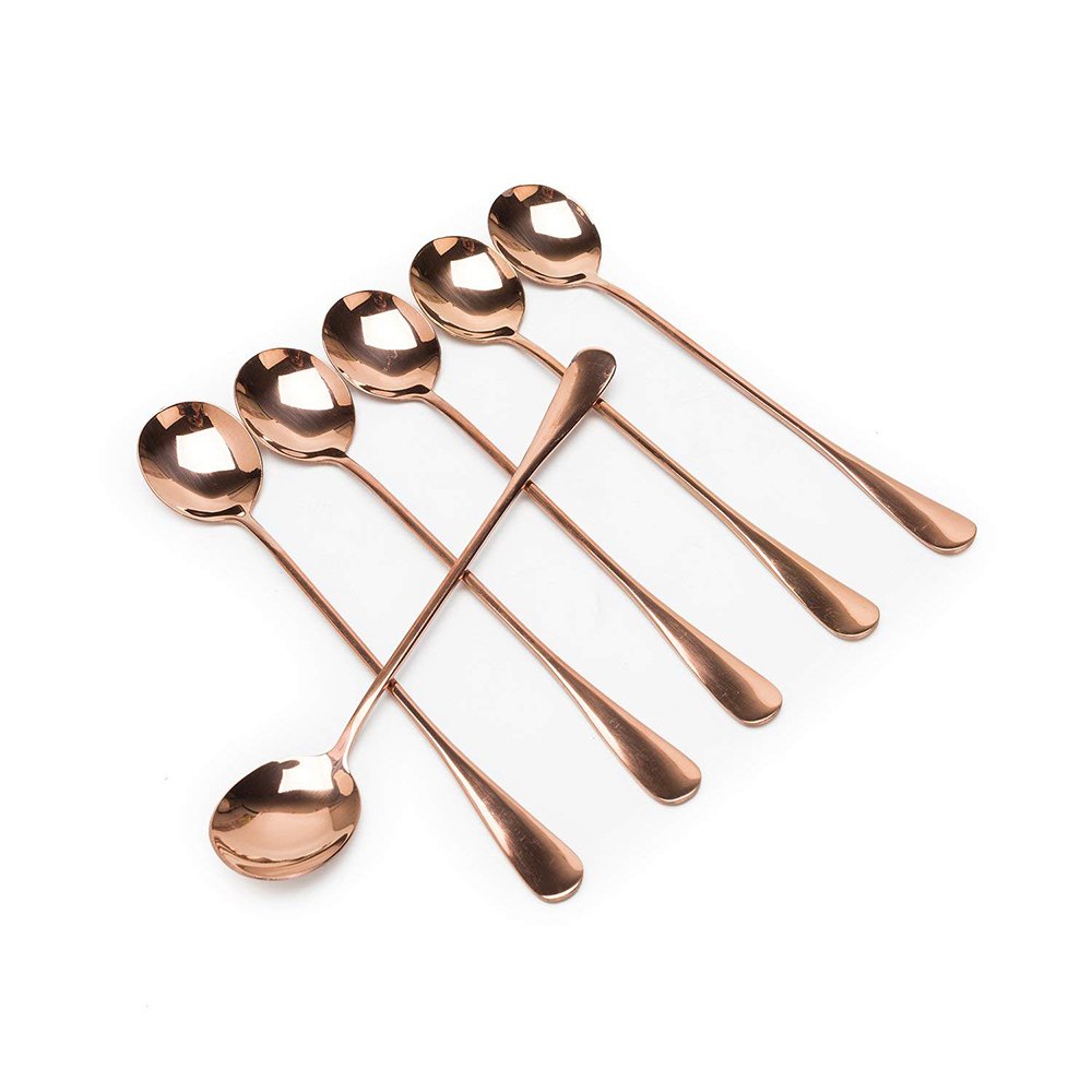 Premium 7.7-inch Long Handle Stainless Steel Mixing Spoon - Rose Gold Cocktail Stirring Spoon for Tea, Coffee, Iced Drinks & Baking (Set of 6) - Perfect for Bartending, Home Bars & Coffee Shops
