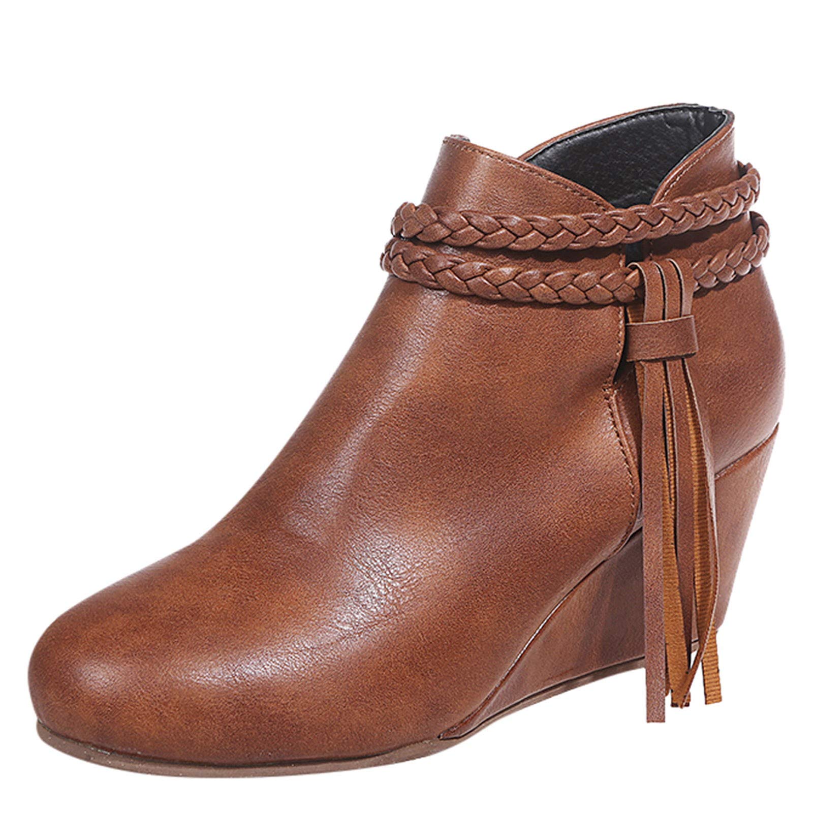 2021 Women's Ankle Booties - Flat Retro Leather Tassel Wedge Shoes with Zipper & Embroidery, Round Toe Short Boots for Casual Wear, Office & Night Out