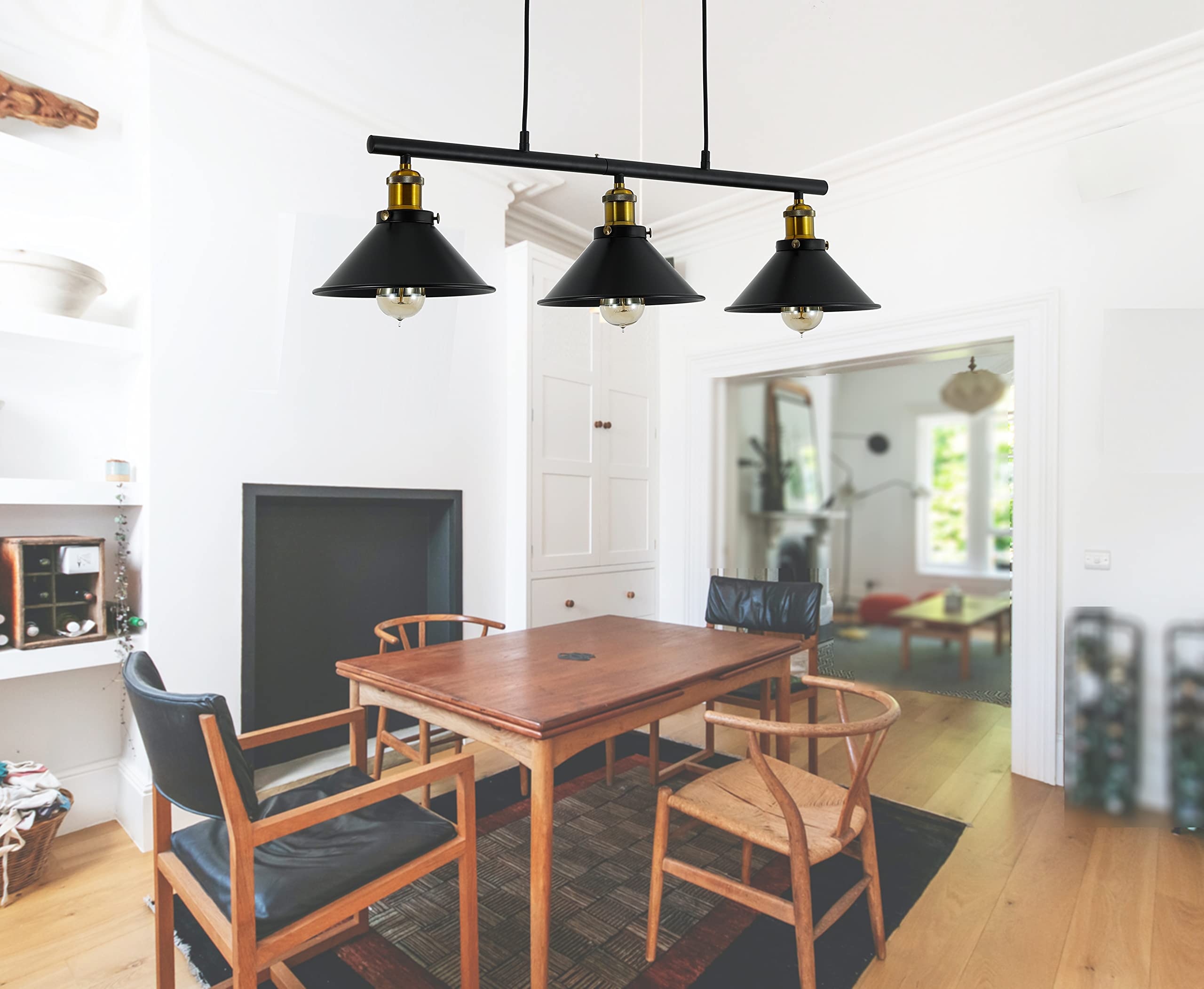 3-Light Kitchen Island Pendant Light Fixture - Farmhouse Linear Hanging Chandelier with Matte Black Finish for Kitchen, Dining Room, Bar, Pool Table | Modern Industrial Lighting for Home Decor & Restaurant Ambiance
