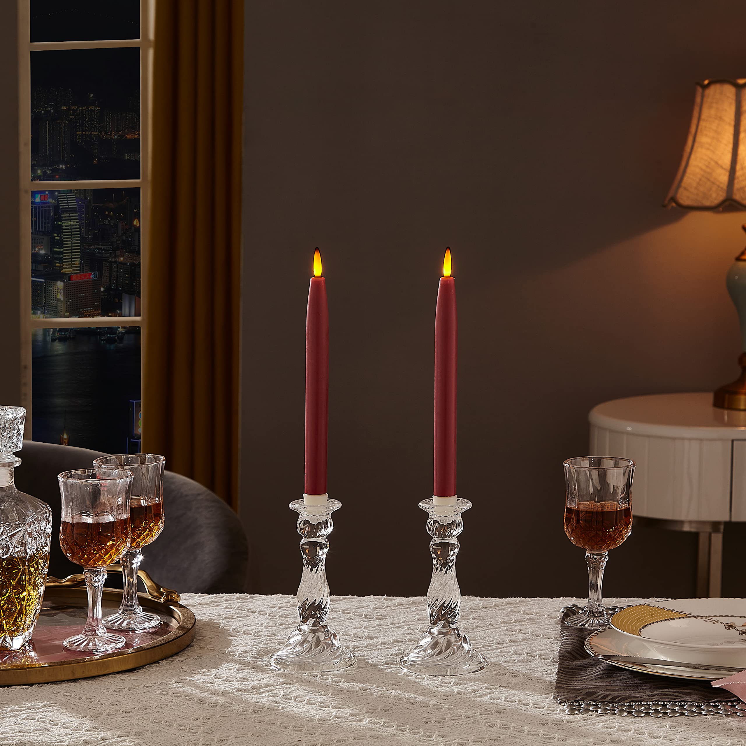 Battery Operated Flameless Taper Candles with Timer & Remote - Set of 3 Real Wax LED Tapered Dinner Candles for Windows, Dining Tables, Christmas Decorations, Wedding Centerpieces (Red) - Perfect for Holiday Lighting, Romantic Dinners & Home Decor