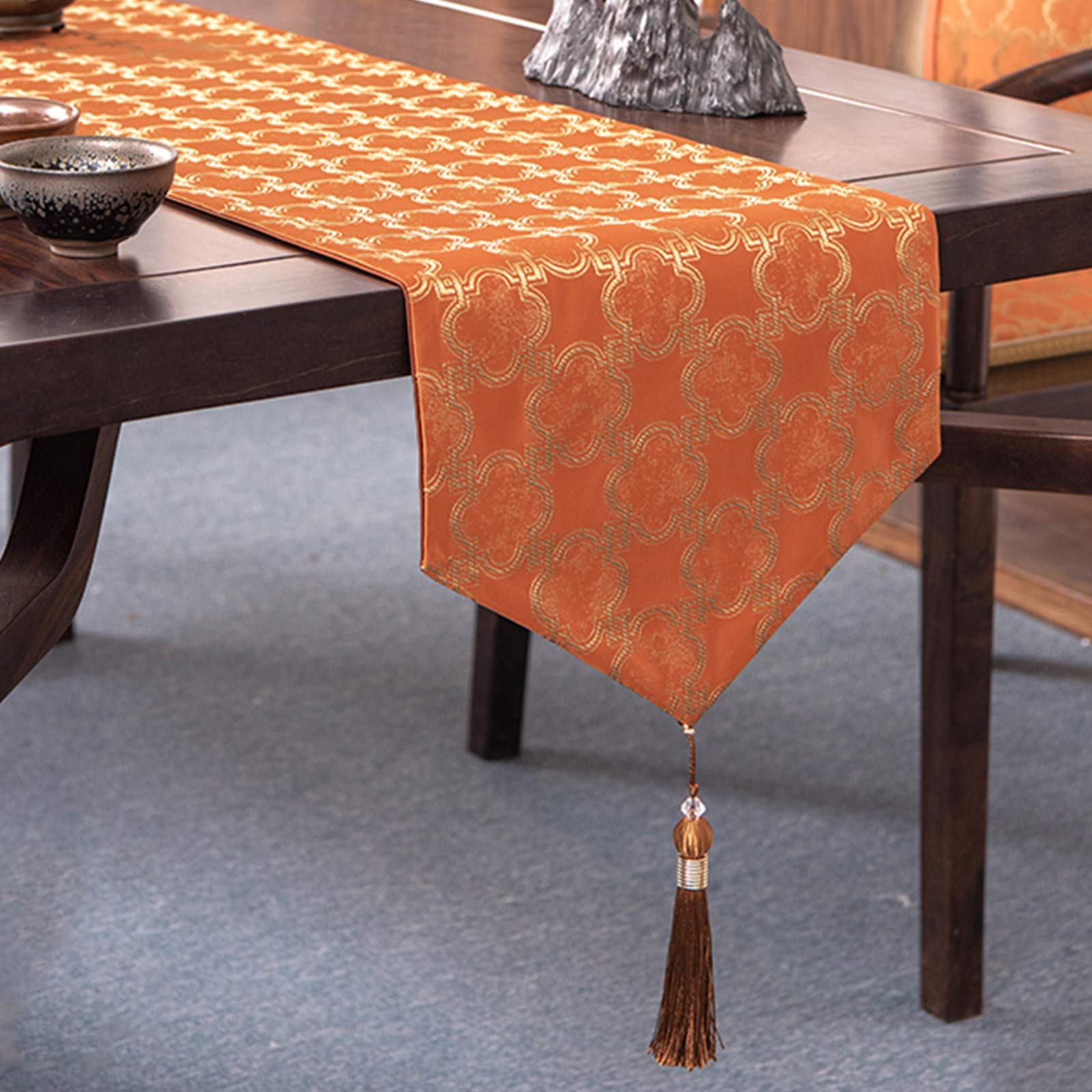 Elegant Tasseled Table Runner - Thick Embroidered Non-Slip Placemat for Farmhouse Dining Decor (33×330cm/13×130in, Orange) | Perfect for Wedding, Thanksgiving & Holiday Table Settings