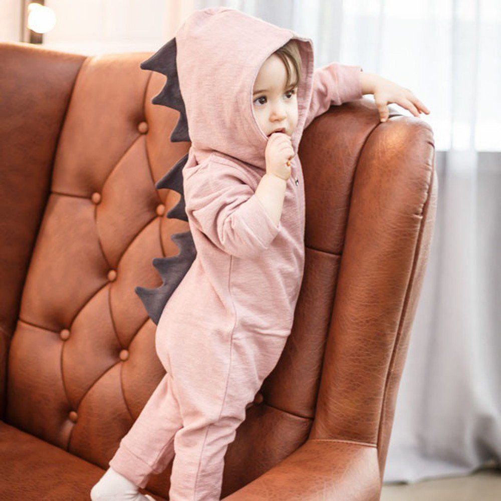 **Dinosaur Baby Romper Jumpsuit with Hood - Cute Pink Dinosaur Outfit for Infant Girls & Boys (Size 60) - Perfect for Playtime, Photo Shoots & Birthday Parties**