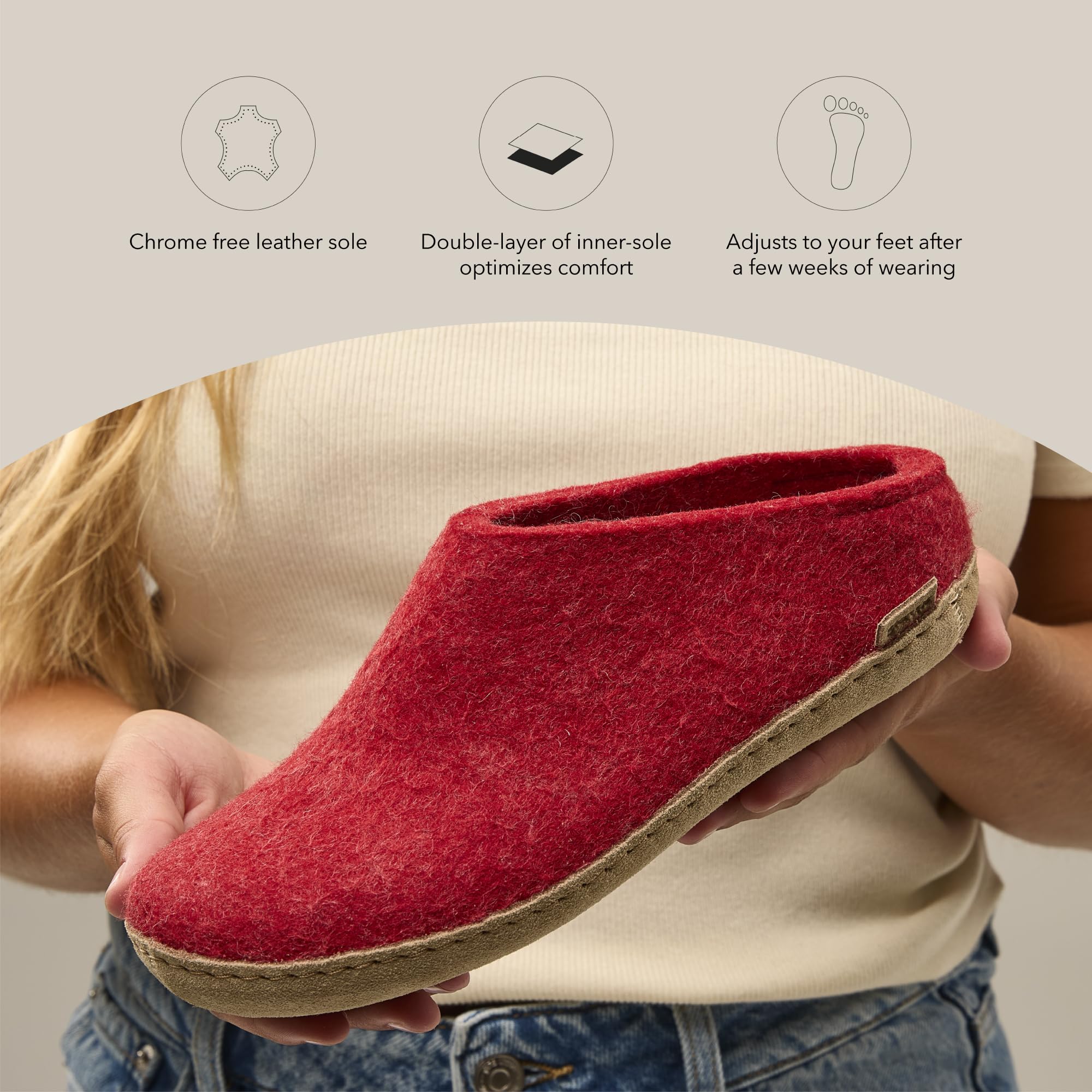 Glerups Unisex B-08 Wool Felt Slippers for Men & Women - Size 43 M (US 9-10) in Red - Cozy Indoor House Shoes for Home, Office & Relaxation