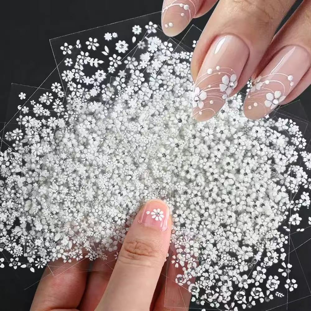 3D White Flower Nail Art Stickers with Rhinestones - Self-Adhesive Nail Decals for Professional Salon & Home Manicure - 30 Sheets Floral Nail Designs for Wedding, Party & Everyday Nail Decorations