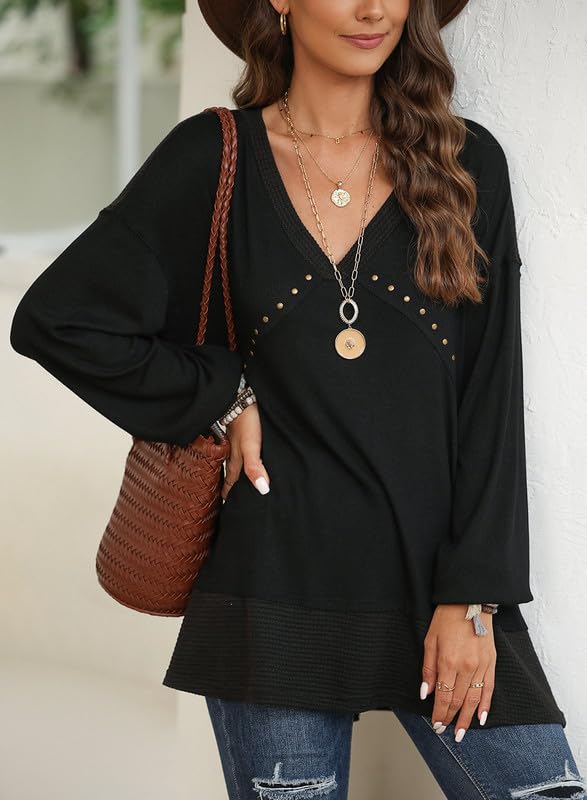 Dokotoo Women's Waffle Knit V-Neck Blouse with Ruffle Sleeves & Stud Rivet Details - Casual Tops for Work, Date Night & Fall Layering