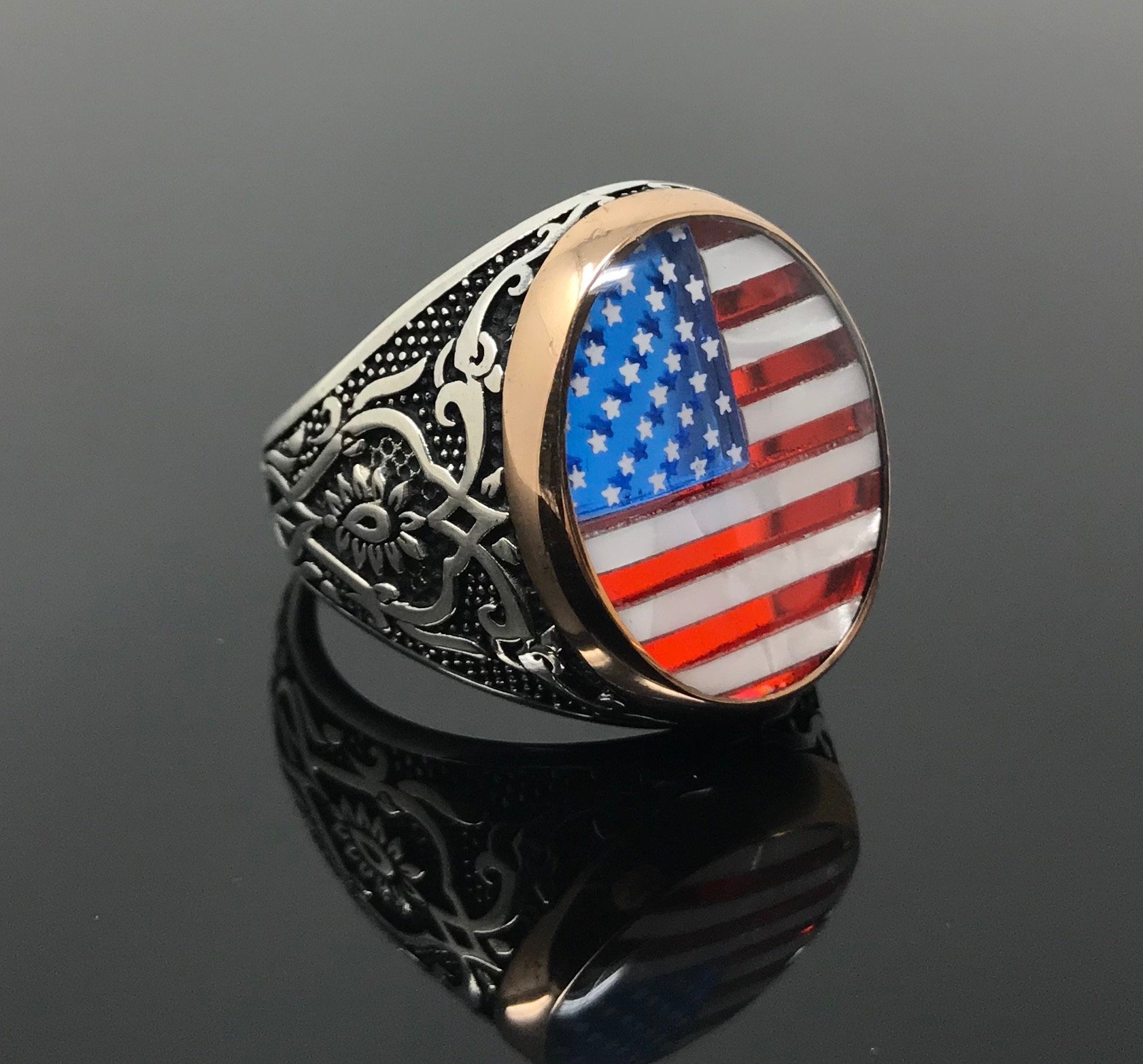 KAR 925K Sterling Silver Enameled American Flag Men's Ring - Special Edition K61L - Patriotic Jewelry Gift for Him, Veterans Day, Independence Day & Everyday Wear
