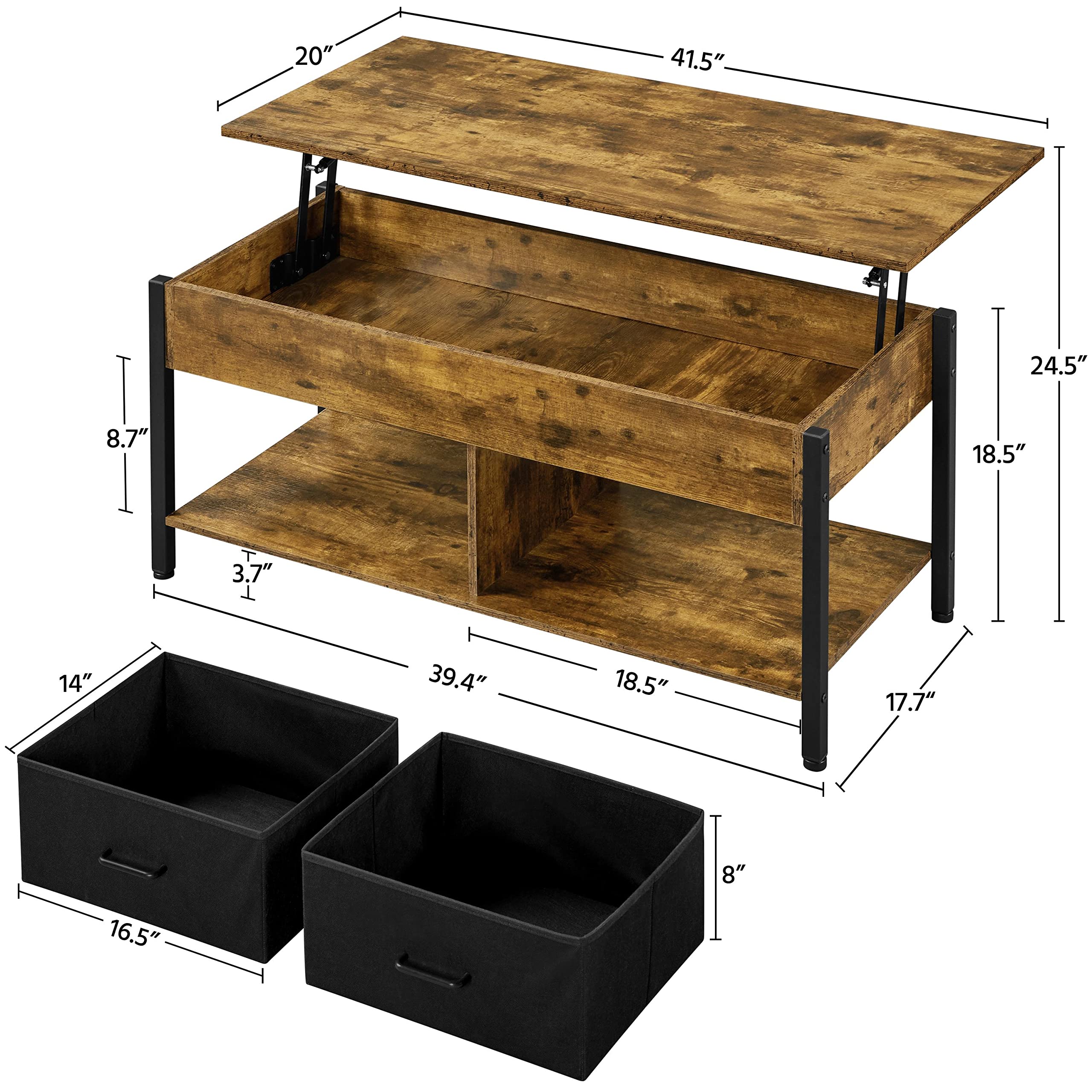 Topeakmart Lift Top Coffee Table with Hidden Storage Compartment, Open Shelves & 2 Fabric Baskets - Modern Rustic Brown Lift-Top Ottoman Table for Living Room, Perfect for Storing Blankets, Magazines & Remote Controls