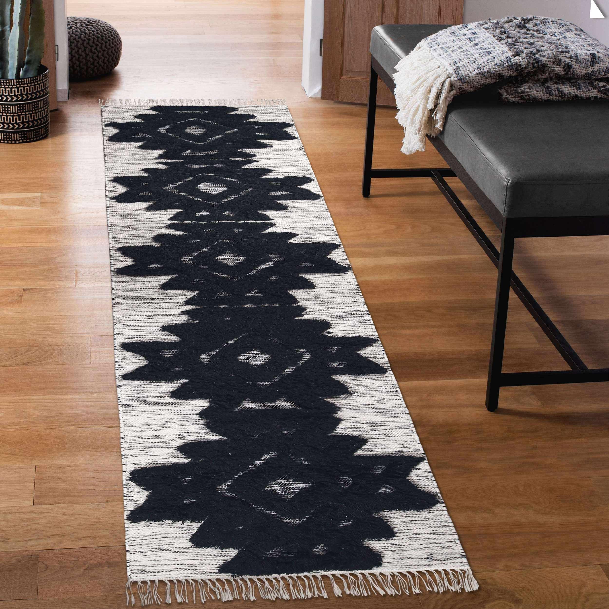 Bohemian Wool Geometric Medallion Fringe Rug - Handmade Indoor Area Carpet or Runner for Living Room, Bedroom & Boho Home Decor