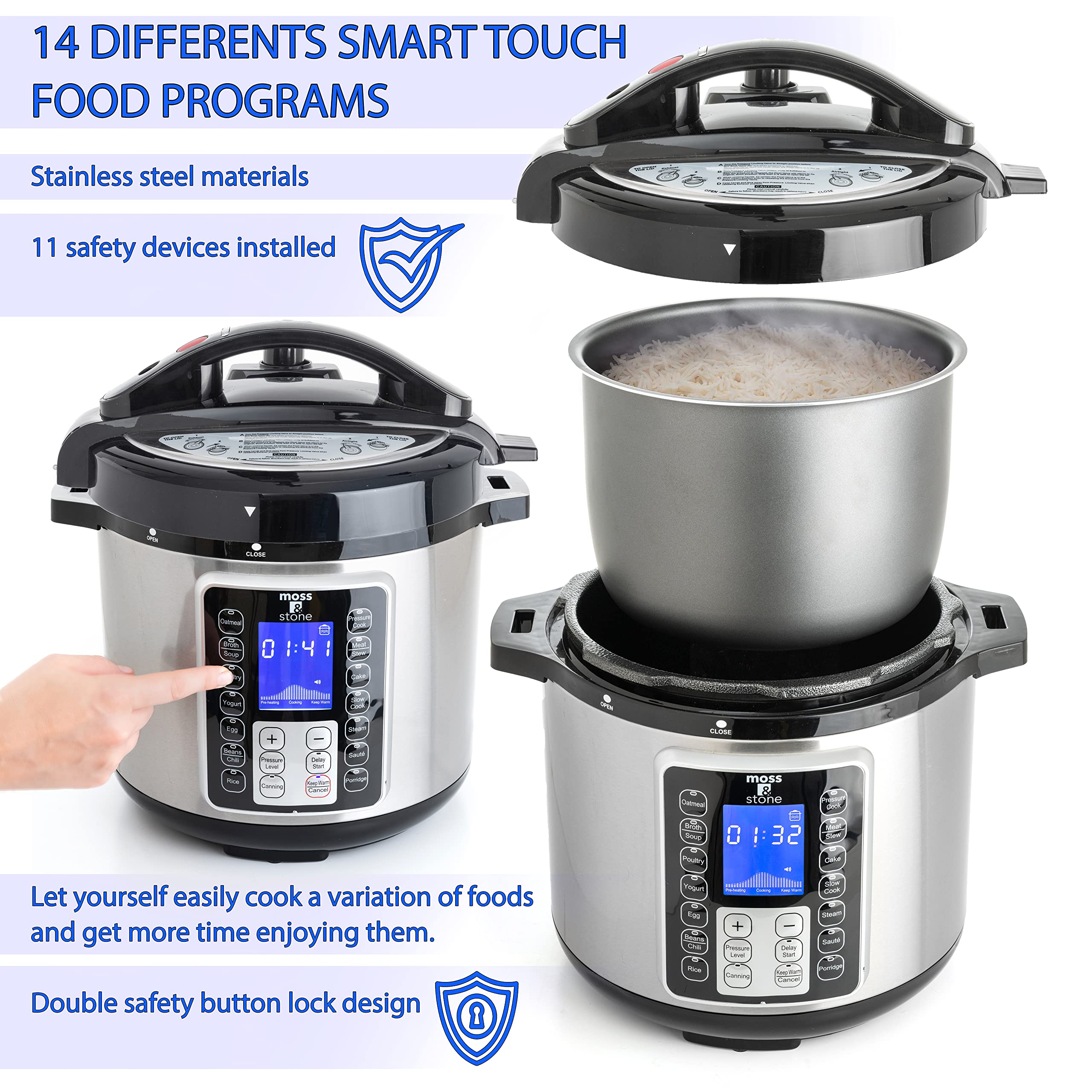Moss & Stone 6 Quart Electric Pressure Cooker with Large LCD Display - 14-in-1 Multi-Cooker for Slow Cooking, Rice, Steaming, Sautéing, Yogurt & Egg Cooking | Perfect for Meal Prep, Family Dinners & Healthy Cooking at Home