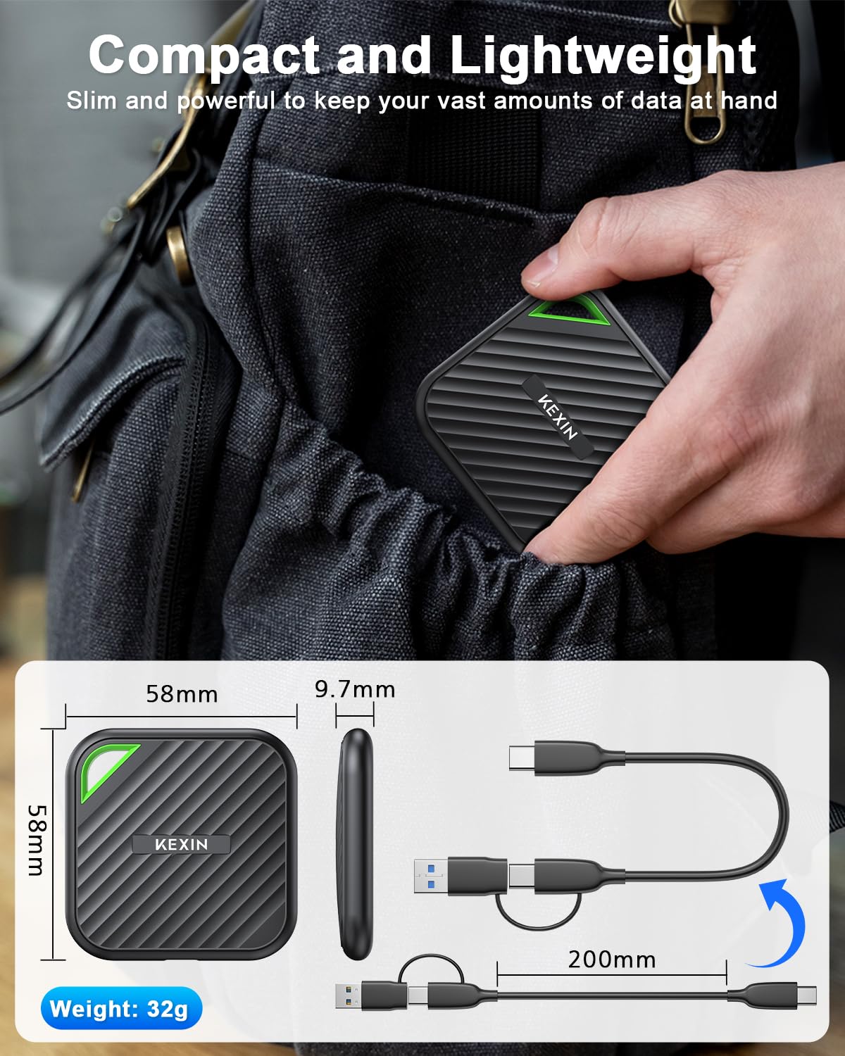 KEXIN 1TB Portable External SSD - USB C 3.2 Gen 2x2 Solid State Drive with 2000MB/s Speed - Compatible with PC, Mac, Laptop, PS5, Xbox - Perfect for Gaming, Video Editing & Data Storage