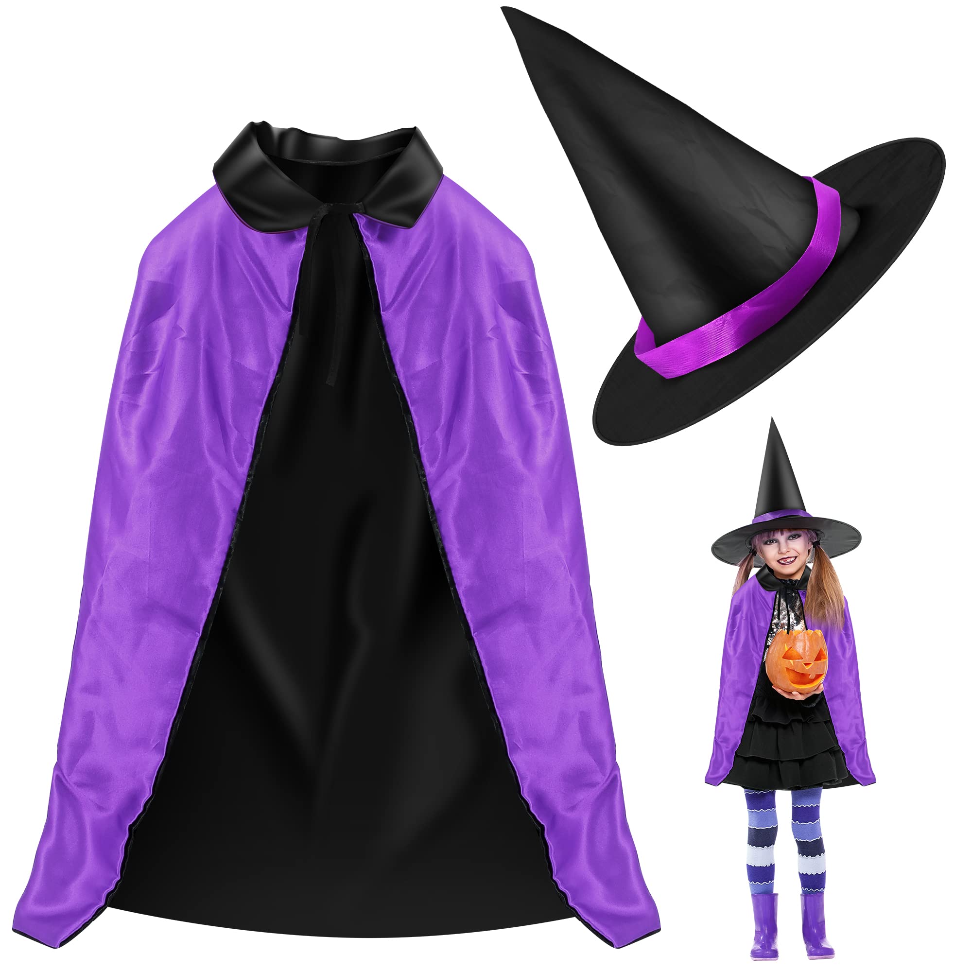 FiGoal Reversible Halloween Witch & Wizard Costume Cloak with Hat - Black & Purple Cape for Kids | Perfect for Trick-or-Treating, Cosplay & Halloween Parties