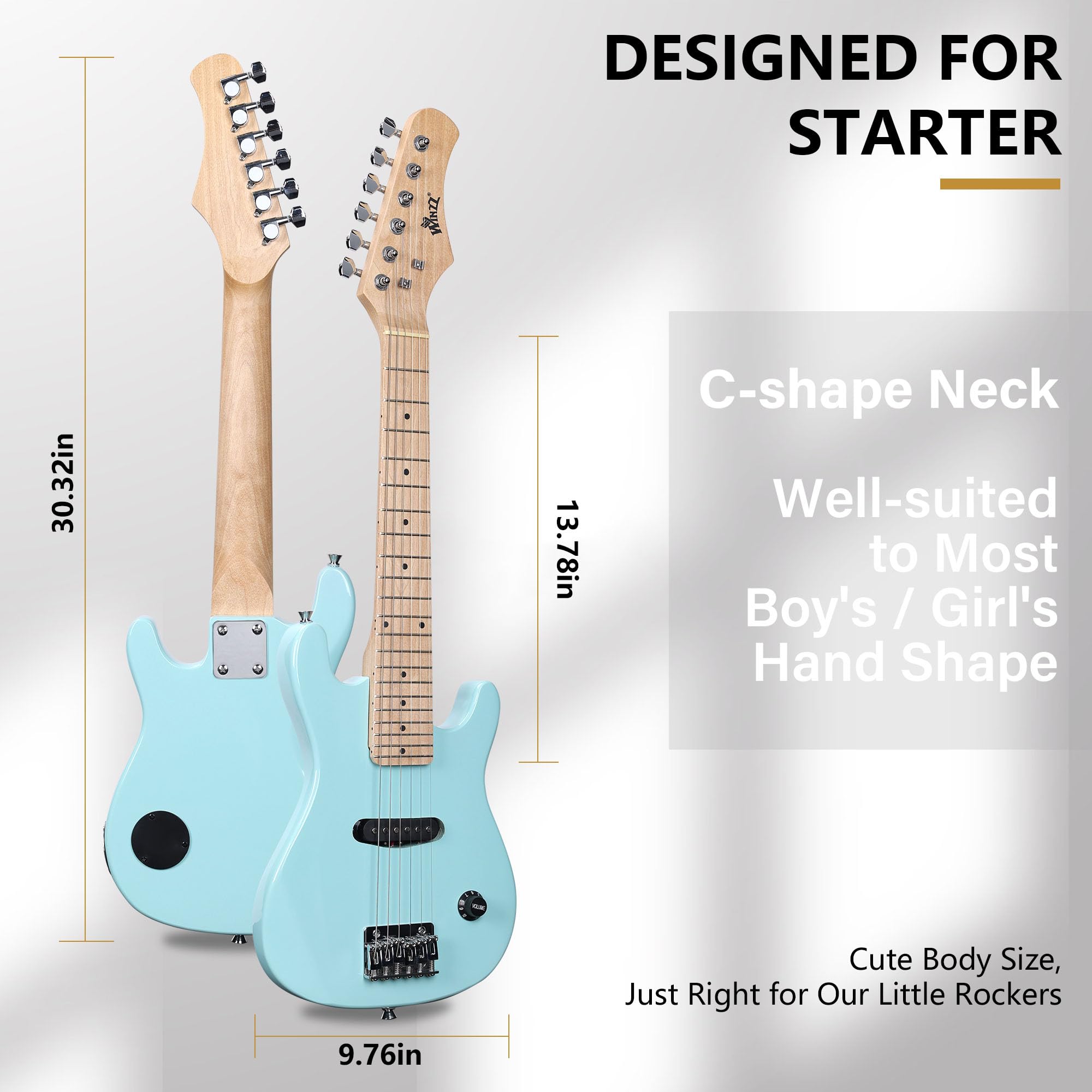 WINZZ 30 Inch Beginner Electric Guitar Kit for Teens - Portable Mini Electric Guitar with Amp, Case, Strings, Picks, Strap & Accessories - Light Green - Perfect for Home Practice, Music Lessons & Rock Band Performances