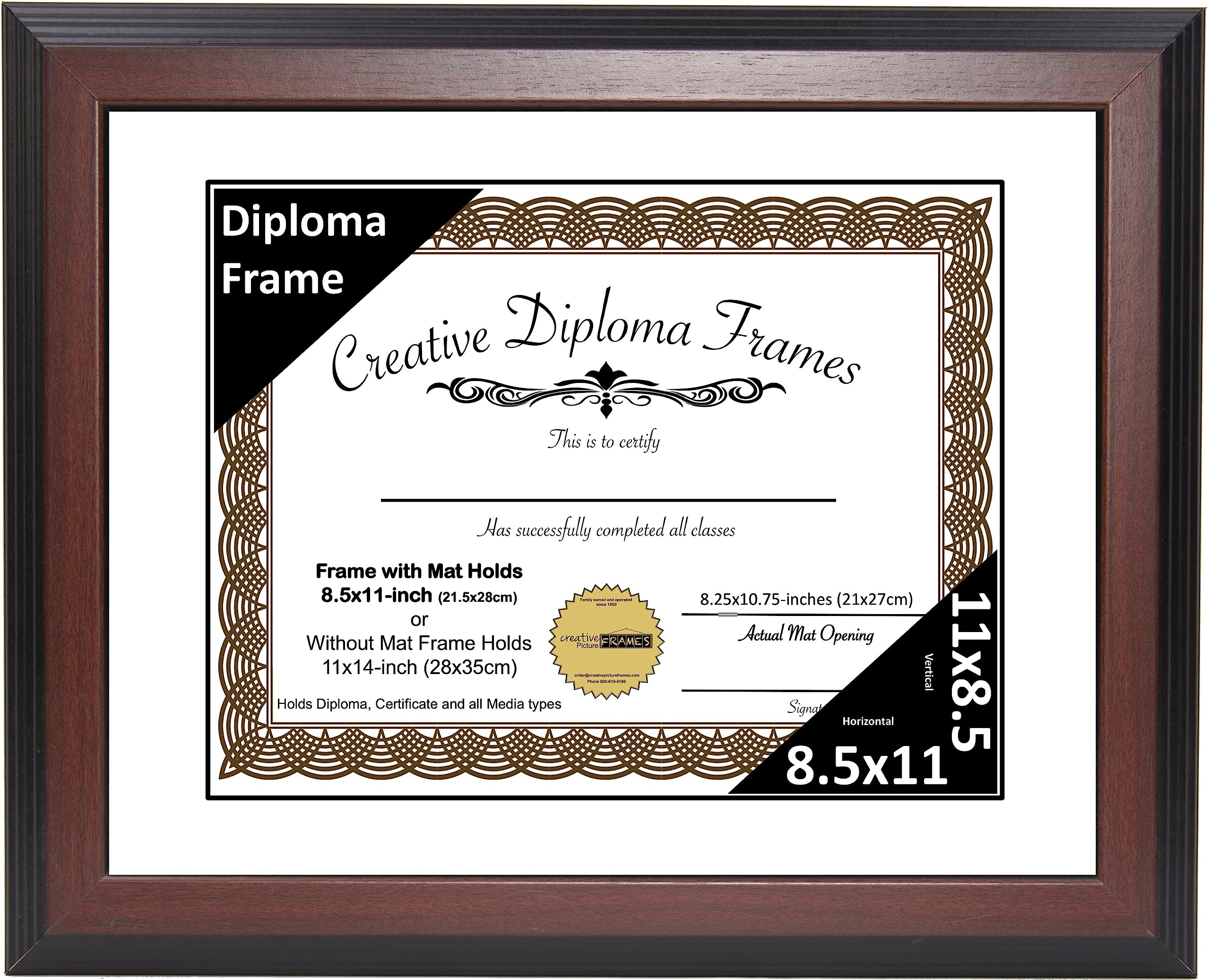 8.5x11 Mahogany Diploma Picture Frame with White Mat - Glass Front & Wall Hanger - Perfect for Graduation Certificates, Awards, and 8.5x11 Documents - Elegant Home & Office Decor