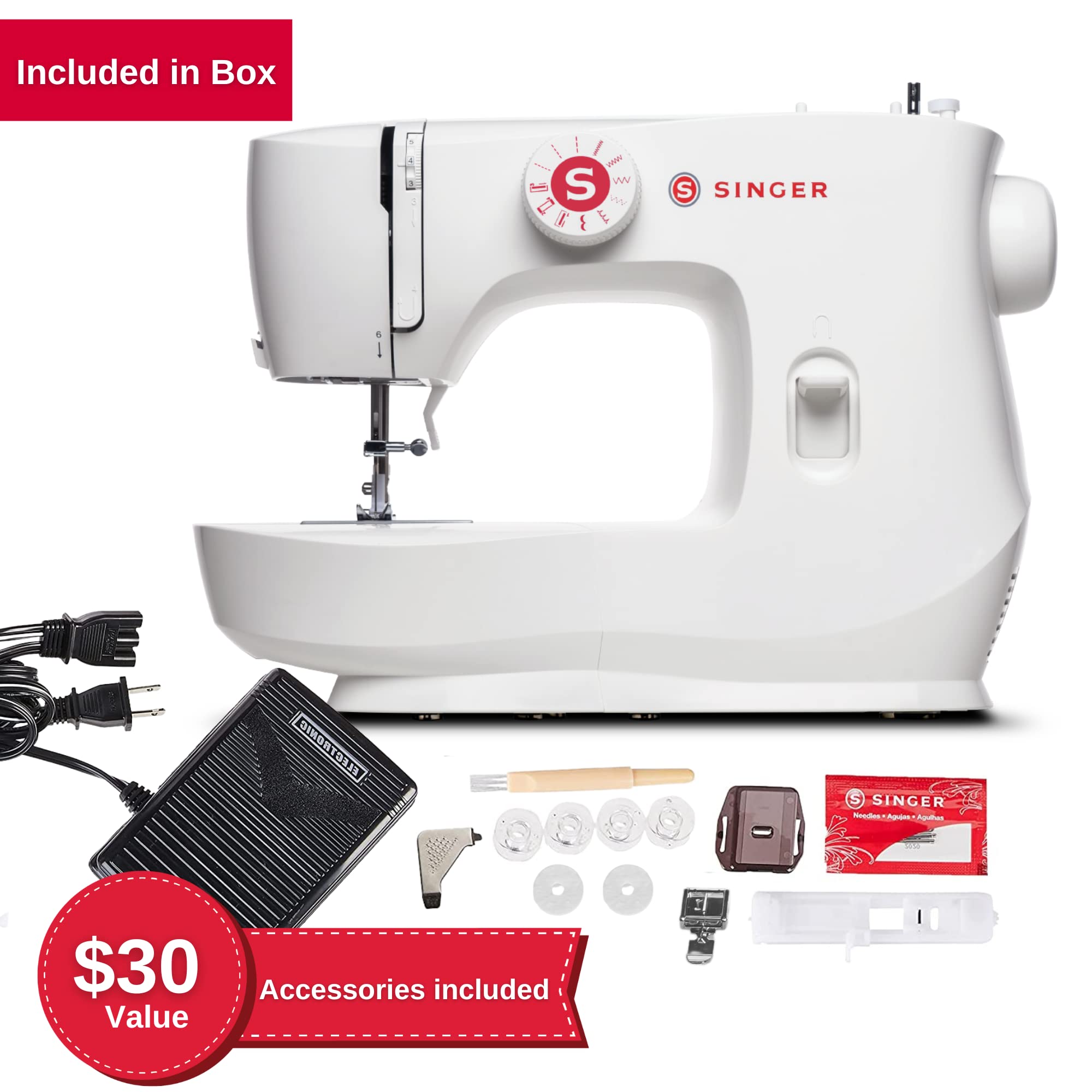 SINGER MX60 Lightweight Portable Sewing Machine with 57 Stitch Applications, LED Light & Foot Pedal | Complete Accessory Kit & 4-step Buttonhole | Perfect for Home Sewing, Quilting, Dressmaking & DIY Crafts | Beginner Friendly Sewing Machine for Mending & Alterations