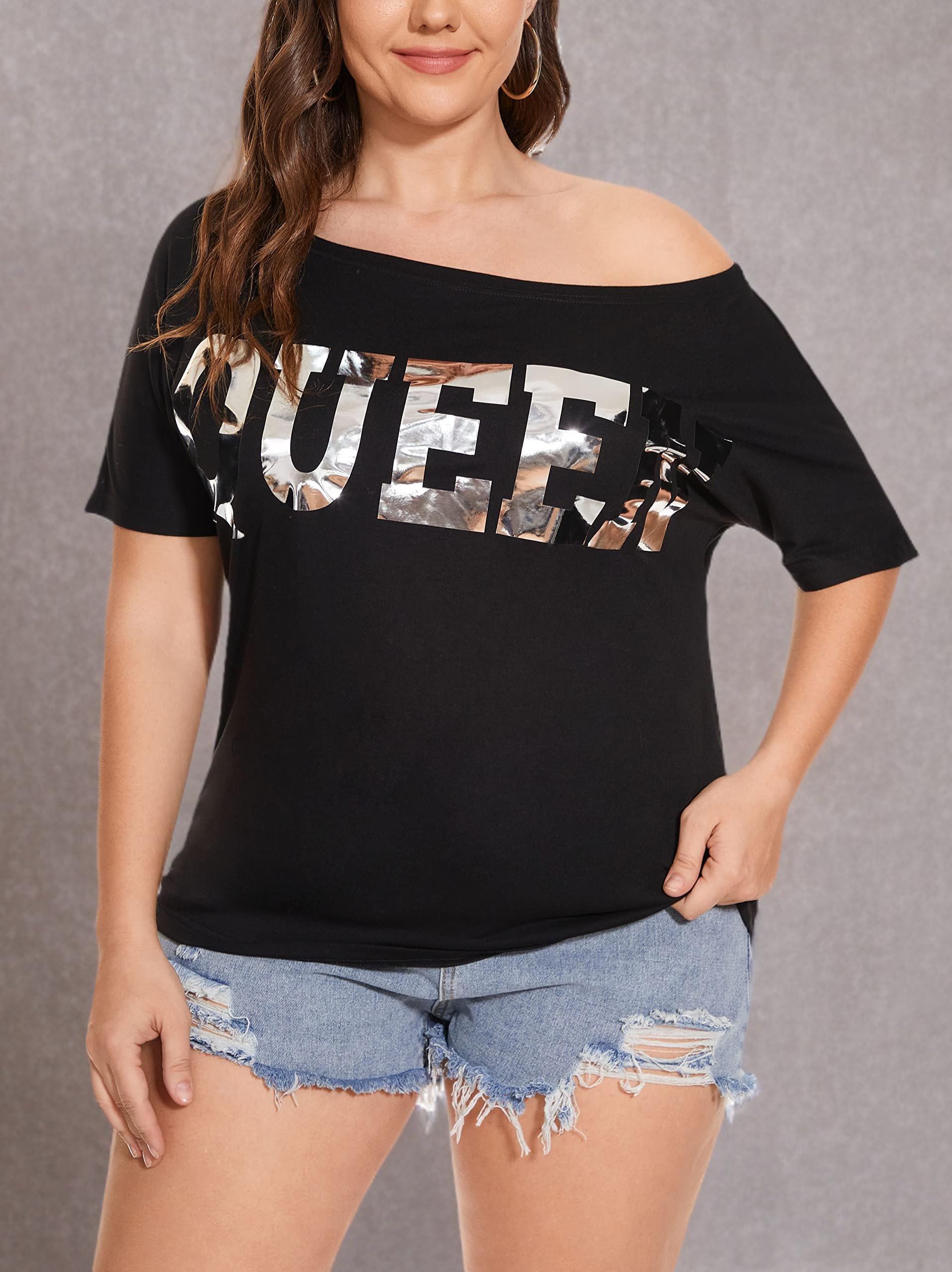 PESION Women's Off The Shoulder Tops - Sexy Shiny Metallic Short Sleeve Blouses with Fashion Graphic Print | Perfect for Night Out, Party & Casual Wear