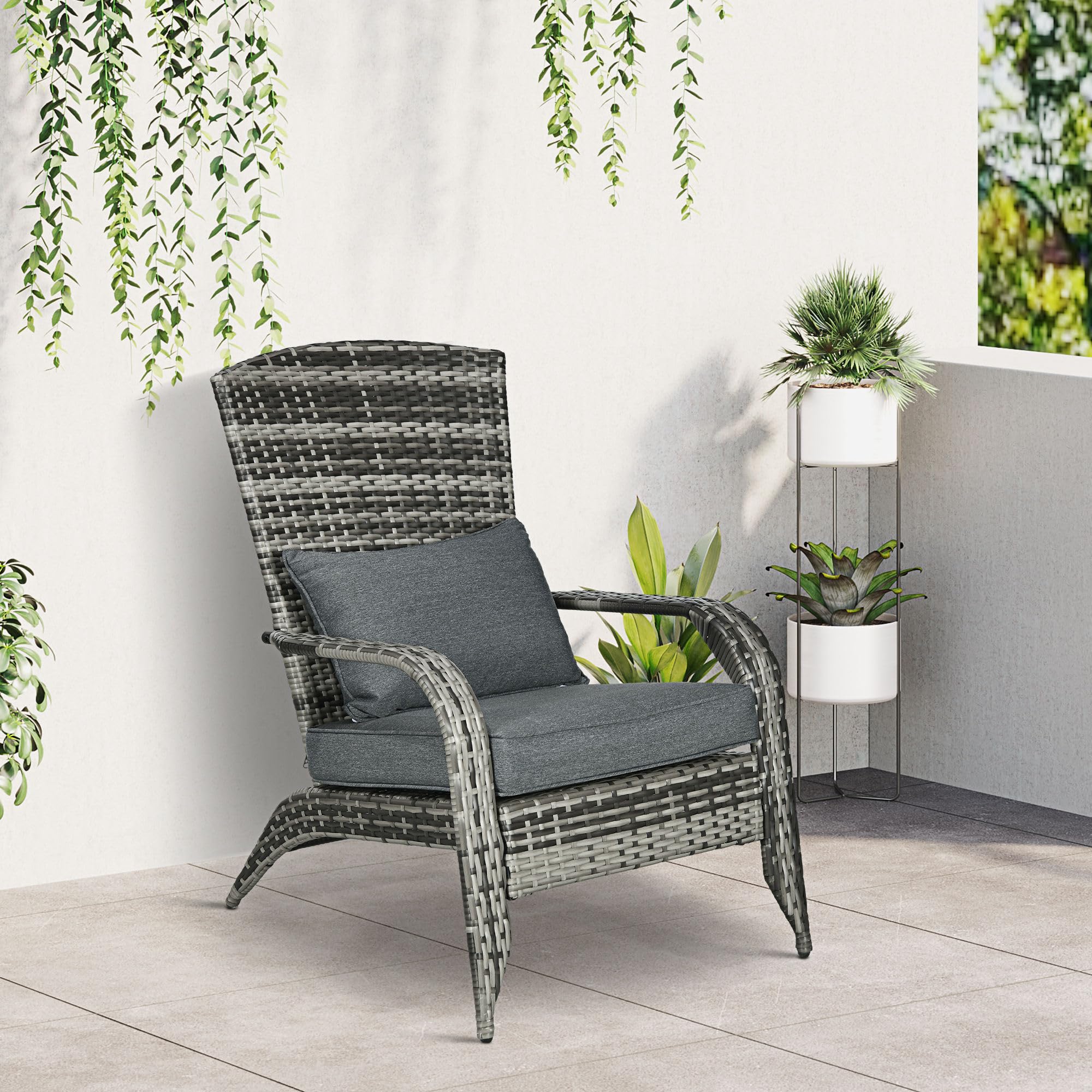 Outsunny Patio Wicker Adirondack Chair - All-Weather Outdoor Rattan Fire Pit Chair with Soft Cushions, Tall Curved Backrest & Comfortable Armrests - Perfect for Deck, Garden, Backyard or Poolside Relaxation (Gray)