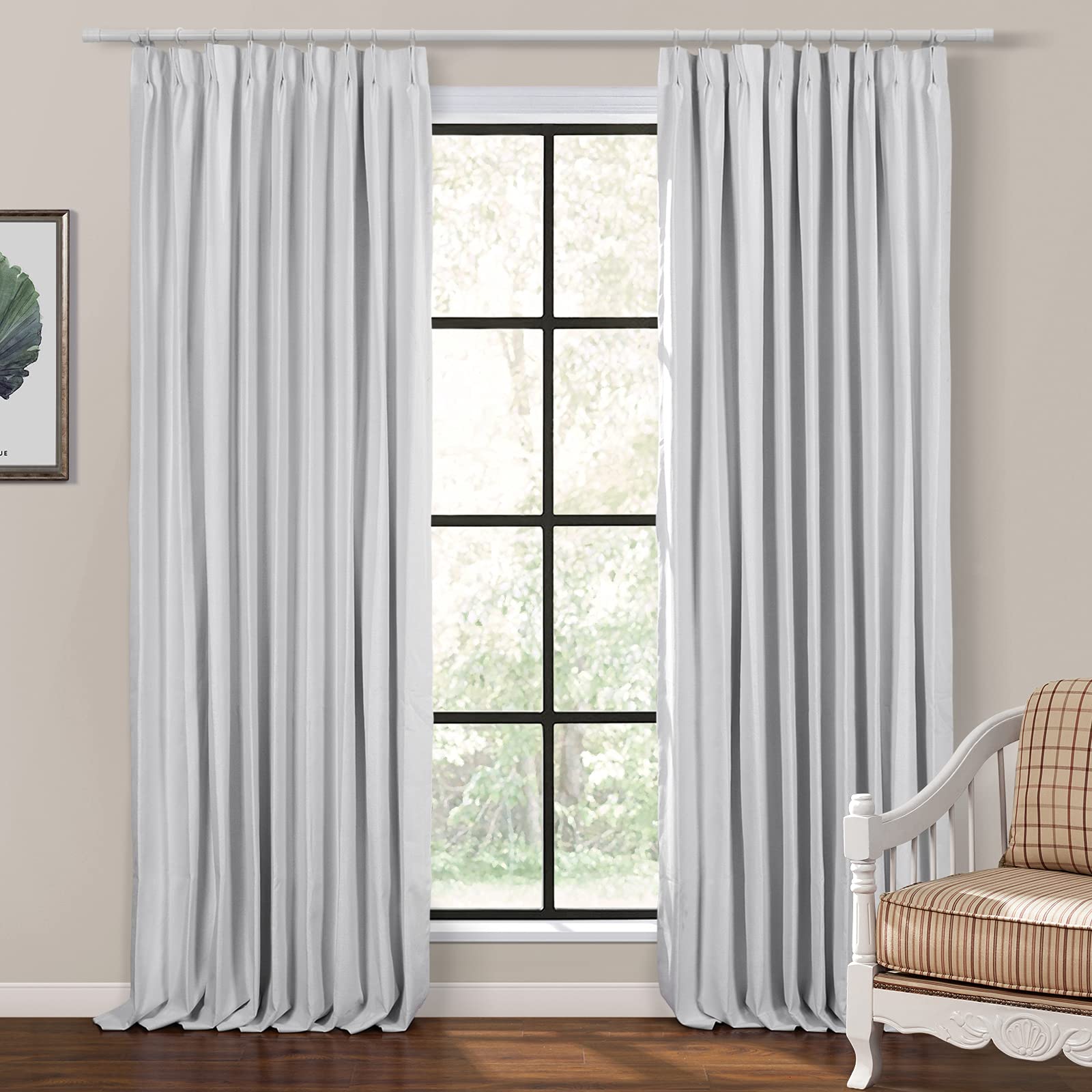 Thermal Insulated Blackout White Linen Curtains - Pinch Pleat Drapes for Bedroom (50