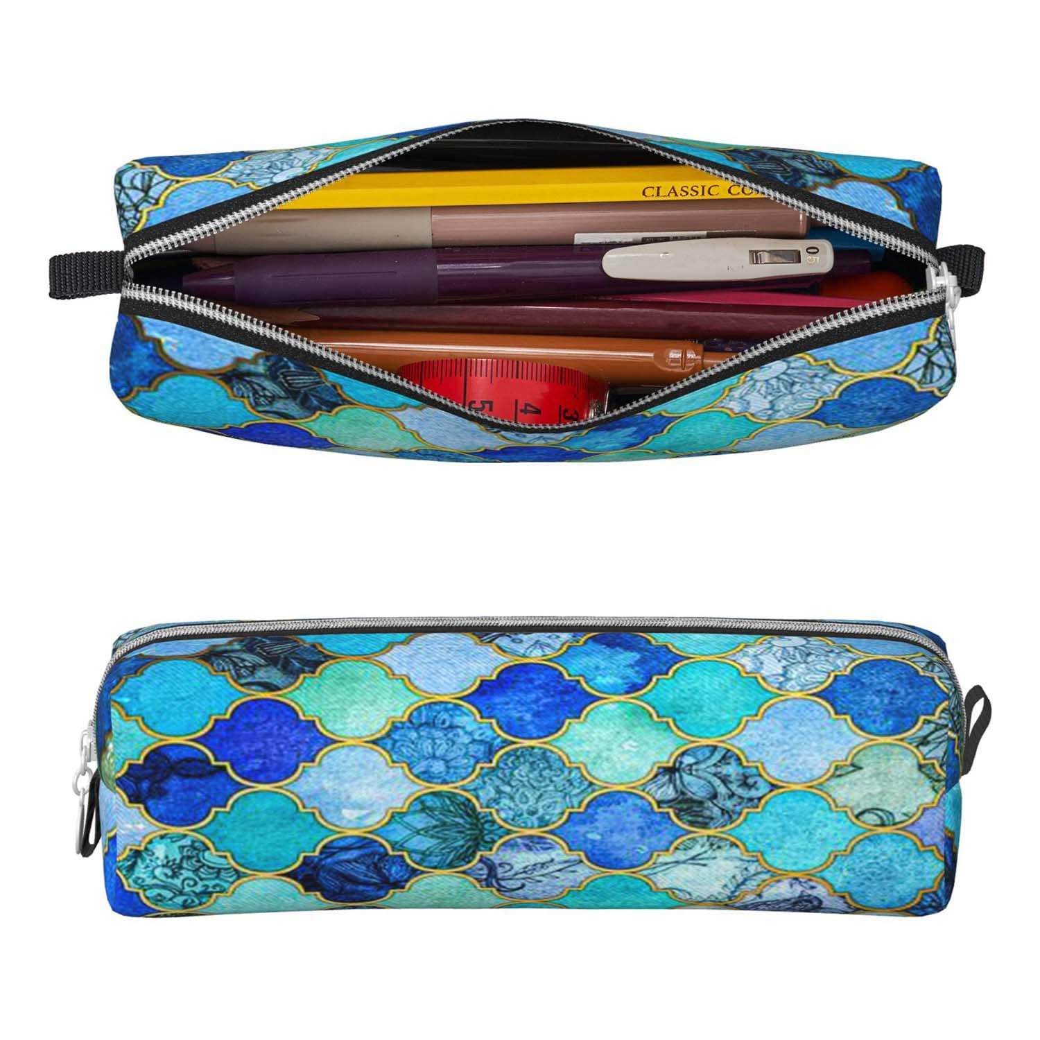 Vintage Moroccan Zipper Pencil Case for Students - Small Pencil Pouch Organizer with Zipper for School, Office & Travel (Green & Blue) - Perfect for Boys, Girls & Stationery Lovers
