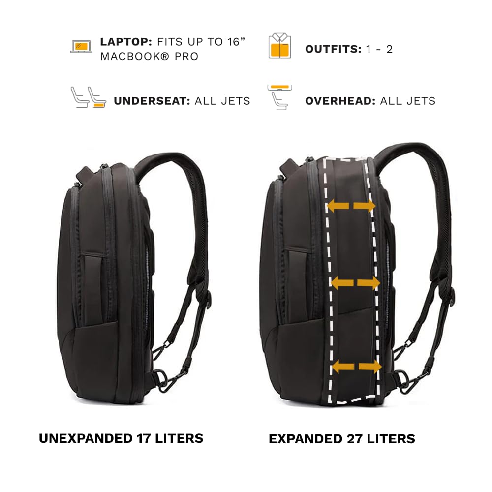 Knack Small Series 2 Expandable Laptop Backpack for 16 Inch Laptops - TSA Approved Carry-On Travel Backpack with 2 Day Outfit Capacity in Midnight Black | Perfect for Business Trips, College Students & Daily Commute