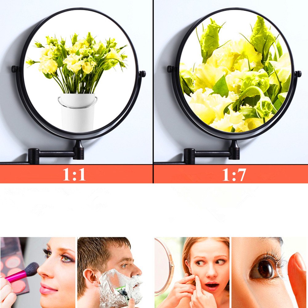 7X Magnifying Wall Mounted Makeup Mirror - Double Sided Vanity Mirror with 13 Inch Extension, Black Bathroom Mirror for Perfect Makeup Application & Shaving | Ideal for Home, Salon, and Hotel Use