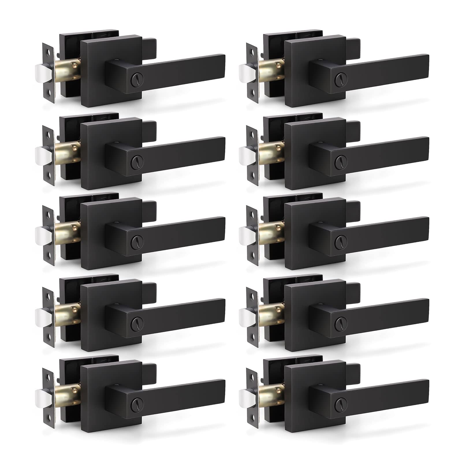 KNOBWELL 10-Pack Modern Square Privacy Door Handles with Lock (No Key) - Heavy Duty Black Lever Handles for Bedroom, Bathroom & Interior Doors | Durable Home & Office Hardware Upgrade